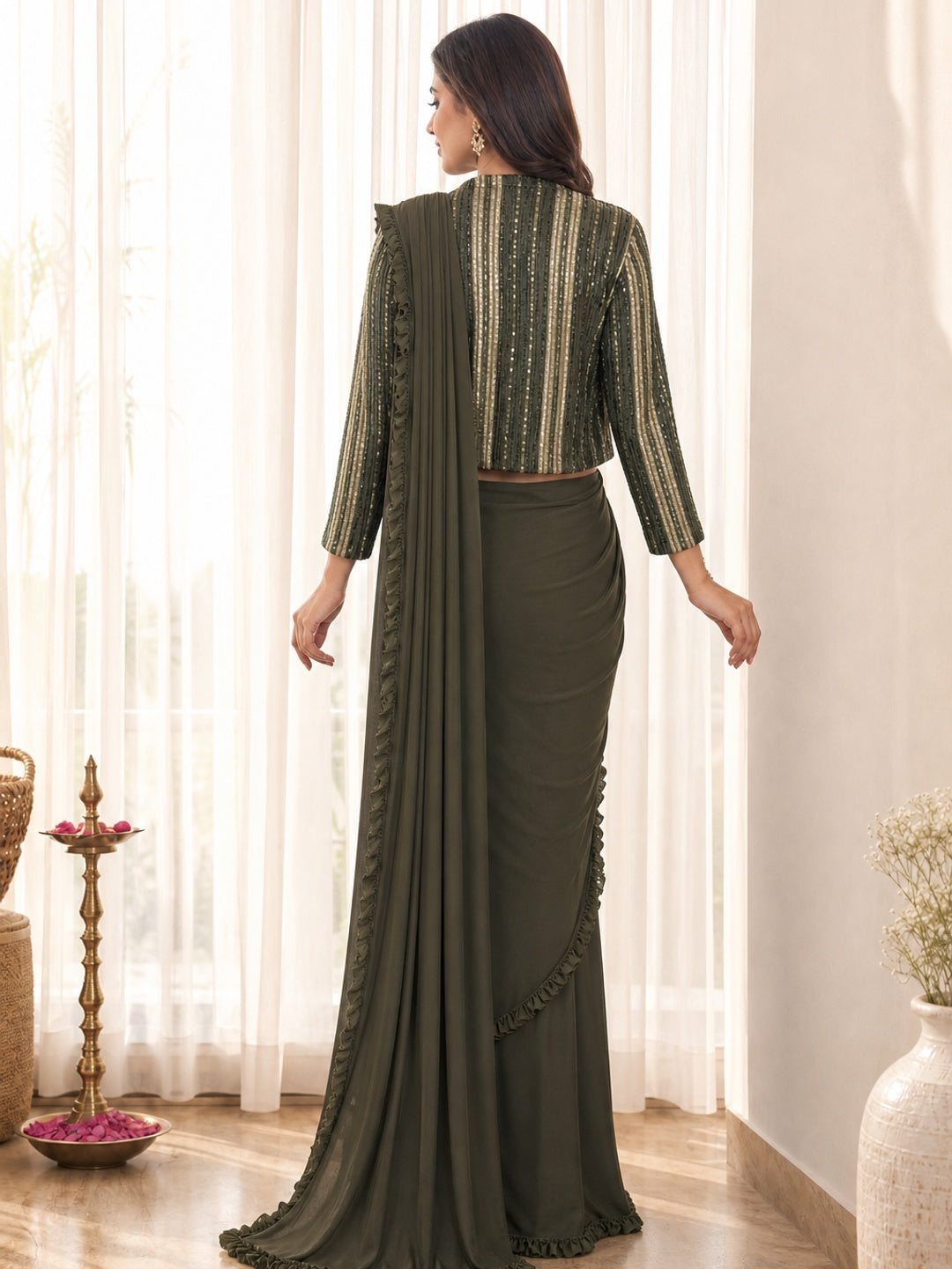 Mehendi Green Lycra Stitched Saree with Designer Sequin Jacket - Image 4