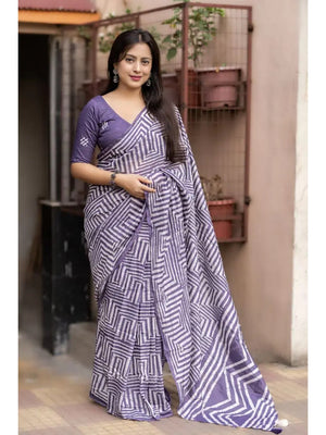 Peachmode Lavender Linen Cotton Floral Printed Saree - Image 2