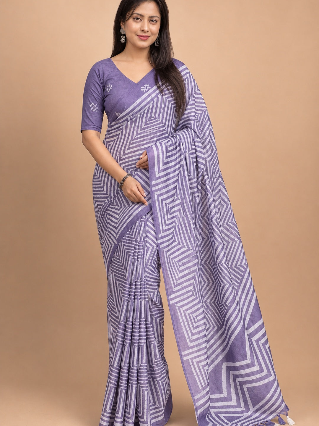 Peachmode Lavender Linen Cotton Floral Printed Saree - Image 1