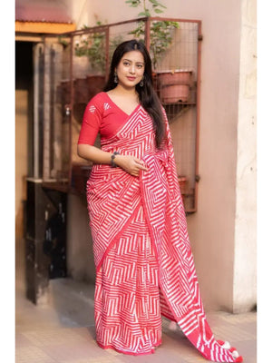 Peachmode Red Linen Cotton Floral Printed Saree - Image 2