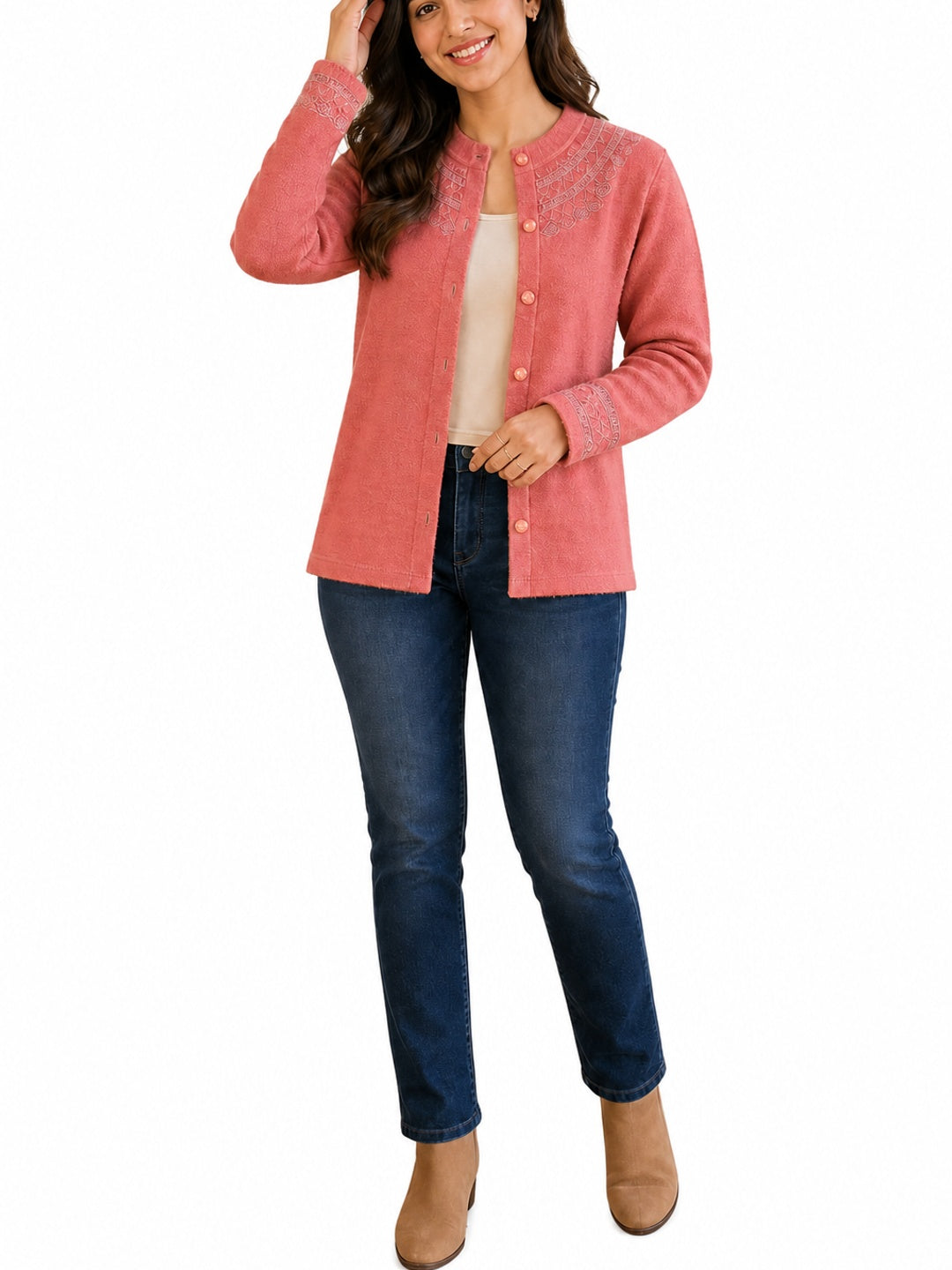 Peach Woven Wool Cardigan Designed For Comfortable Winter Layering - Image 5