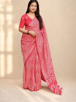 Peachmode Red Linen Cotton Floral Printed Saree - Image 1