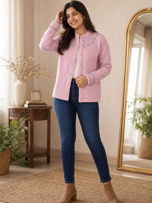 Pink Woven Wool Cardigan Designed For Comfortable Winter Layering - Image 1