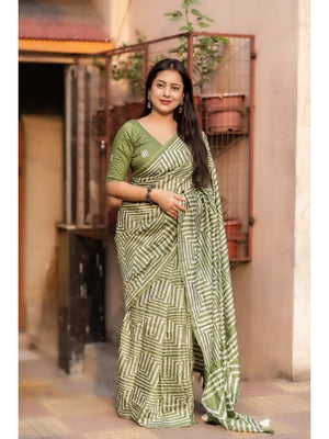 Peachmode Mehendi Linen Cotton Floral Printed Saree - Image 2
