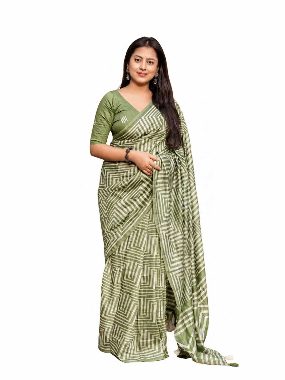 Peachmode Mehendi Linen Cotton Floral Printed Saree - Image 1