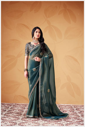 Peachmode Teal Celestial 2 Embroidered Saree - Image 1
