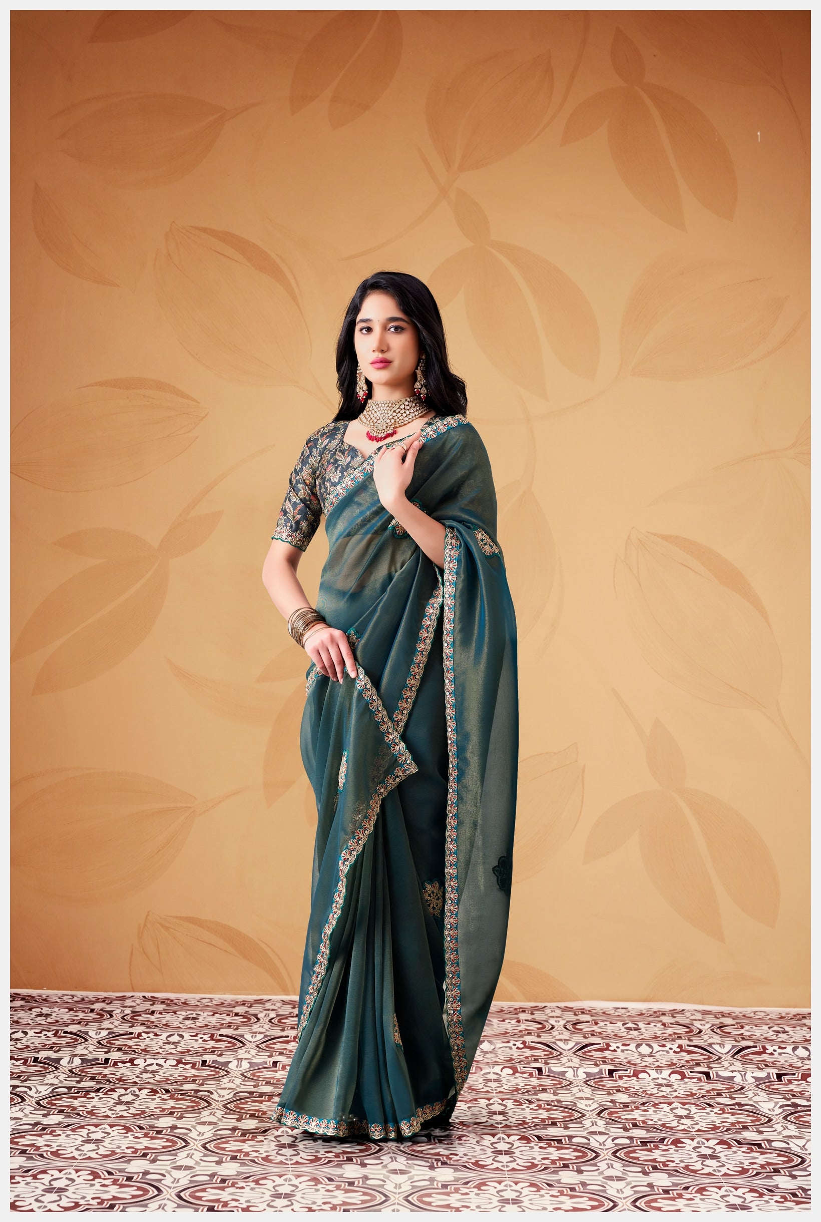 Peachmode Teal Celestial 2 Embroidered Saree - Image 2