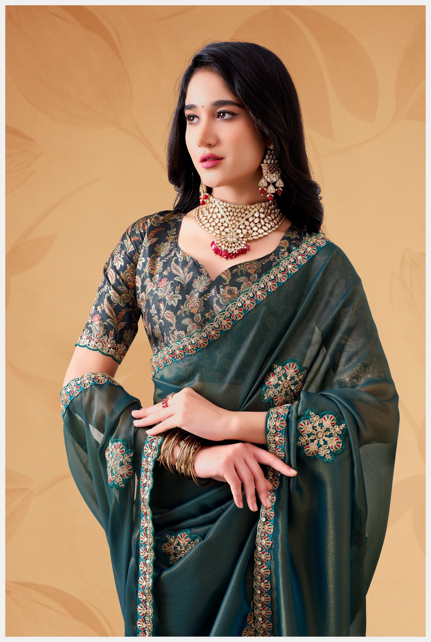 Peachmode Teal Celestial 2 Embroidered Saree - Image 4