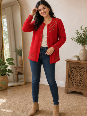 Red Cozy Woven Wool Cardigan Designed For Comfortable Winter Layering - Image 1