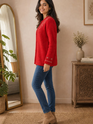 Red Cozy Woven Wool Cardigan Designed For Comfortable Winter Layering - Image 2