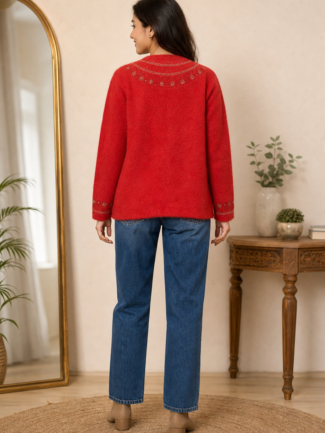Red Cozy Woven Wool Cardigan Designed For Comfortable Winter Layering - Image 4