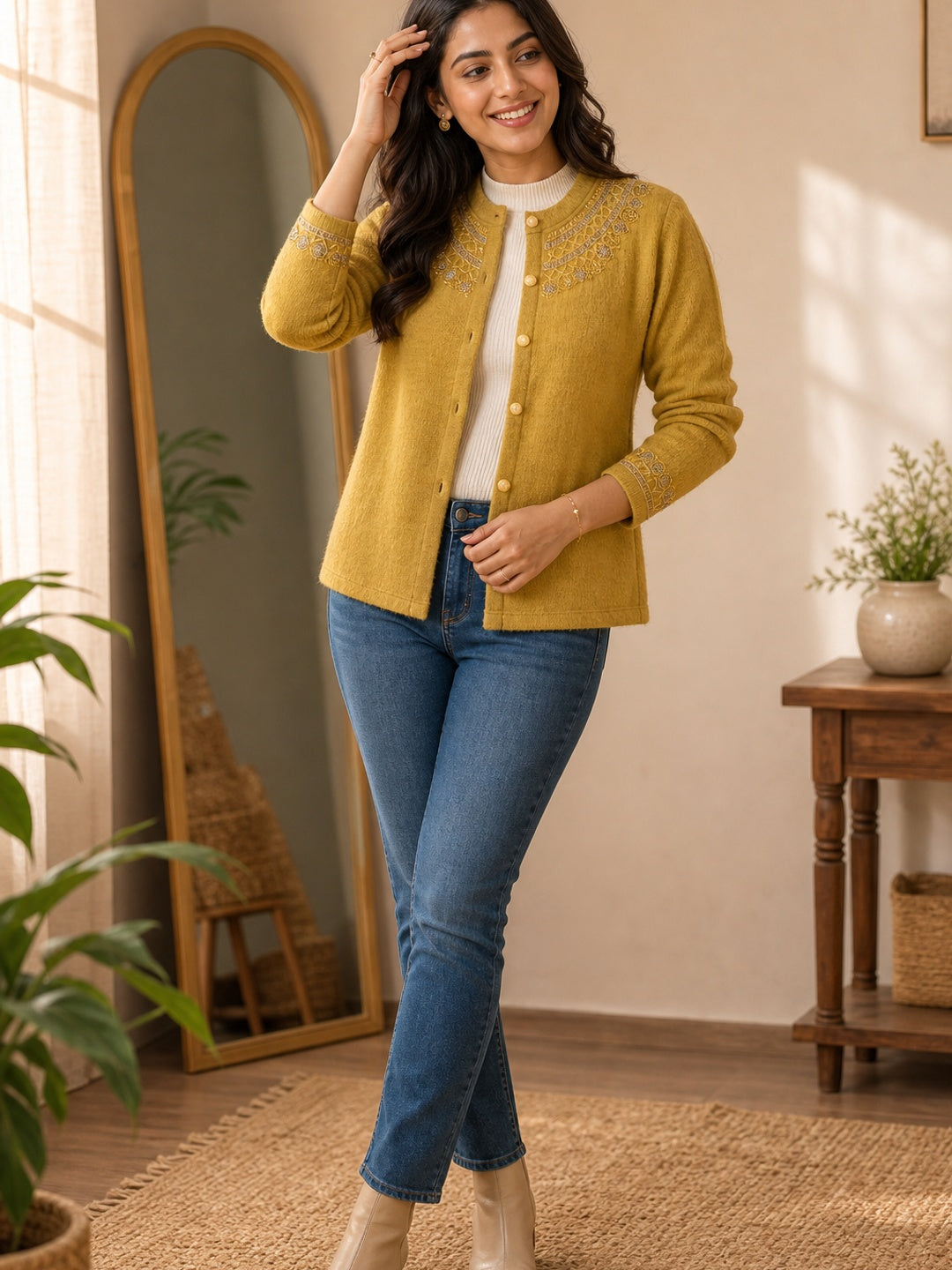 Mustard Cozy Woven Wool Cardigan Designed For Comfortable Winter Layering - Image 1