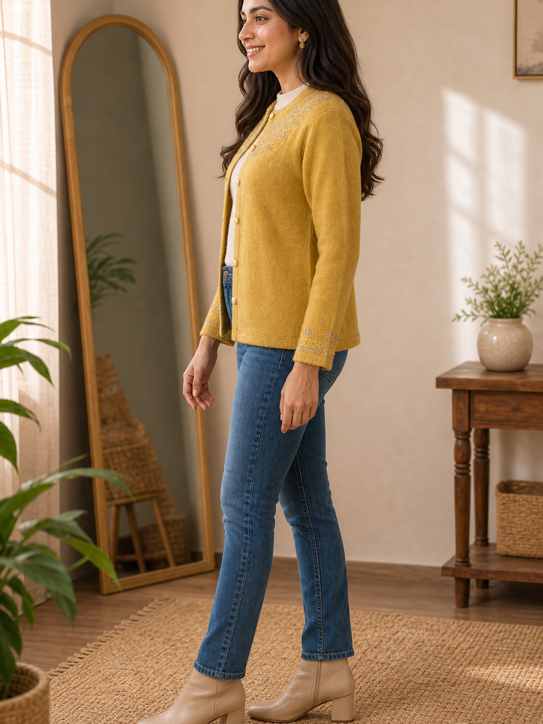 Mustard Cozy Woven Wool Cardigan Designed For Comfortable Winter Layering - Image 2