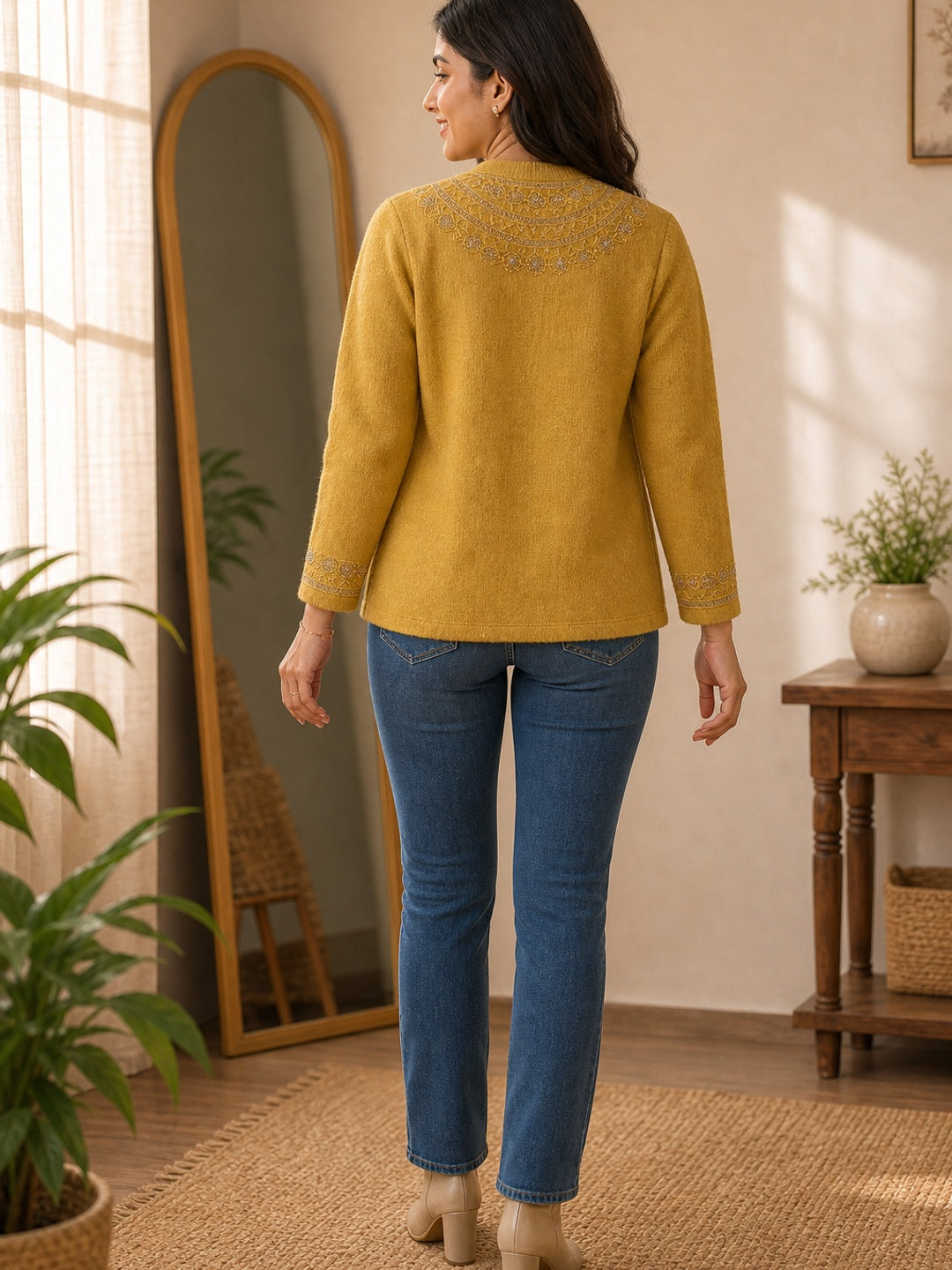 Mustard Cozy Woven Wool Cardigan Designed For Comfortable Winter Layering - Image 4