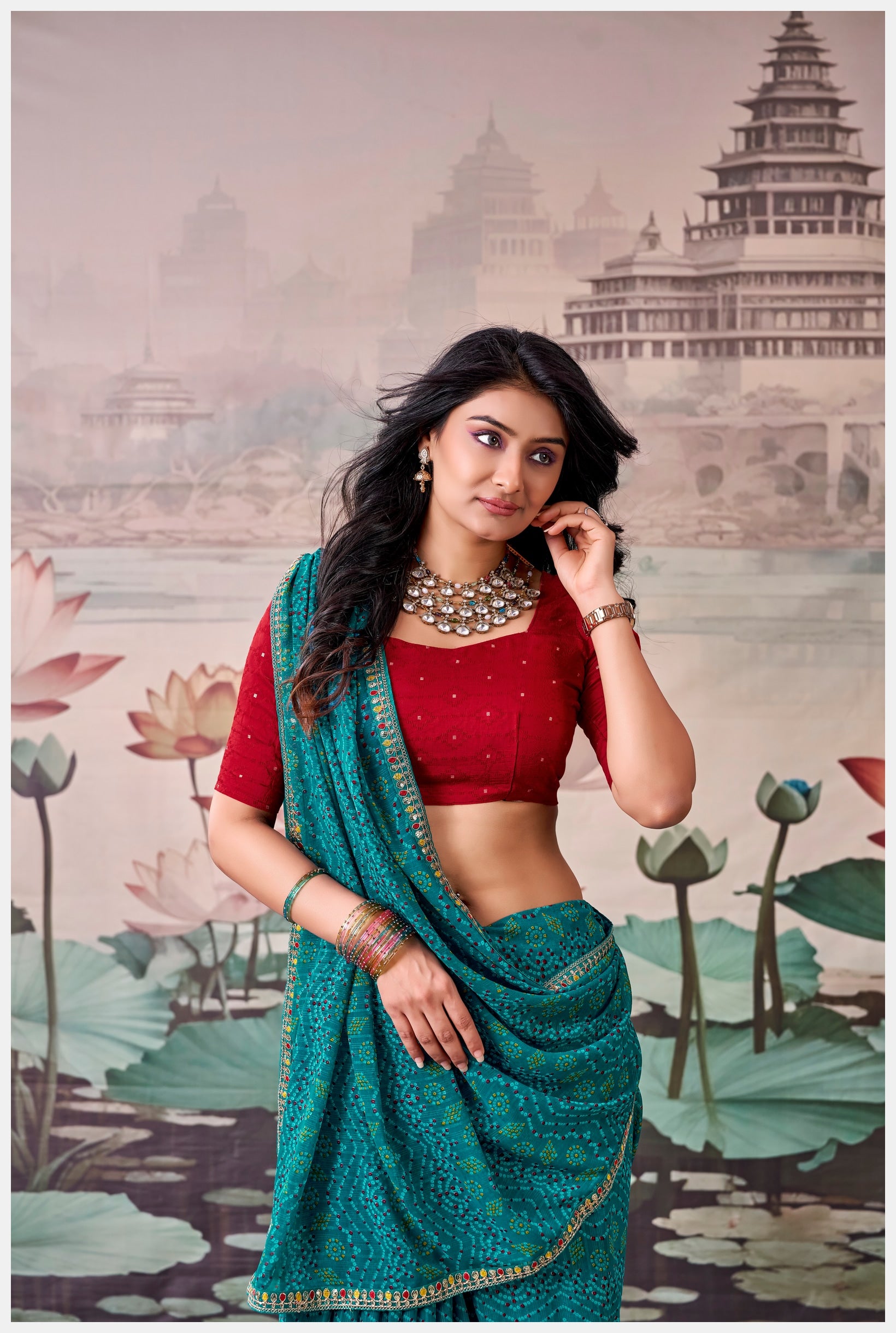 Peachmode Teal Raj Mahal Embroidered Saree - Image 4