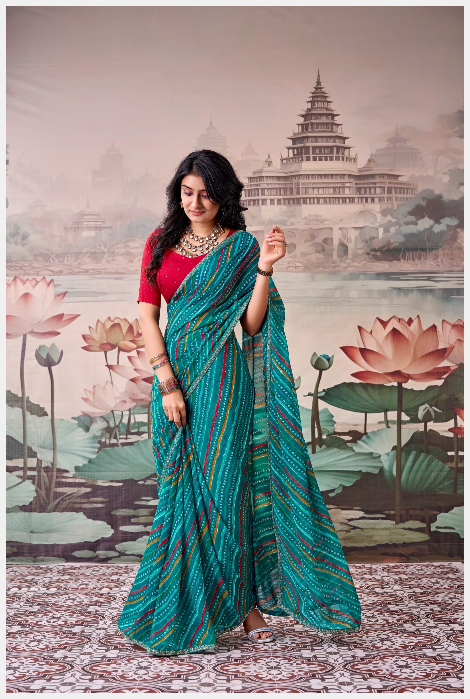 Peachmode Teal Raj Mahal Embroidered Saree - Image 2