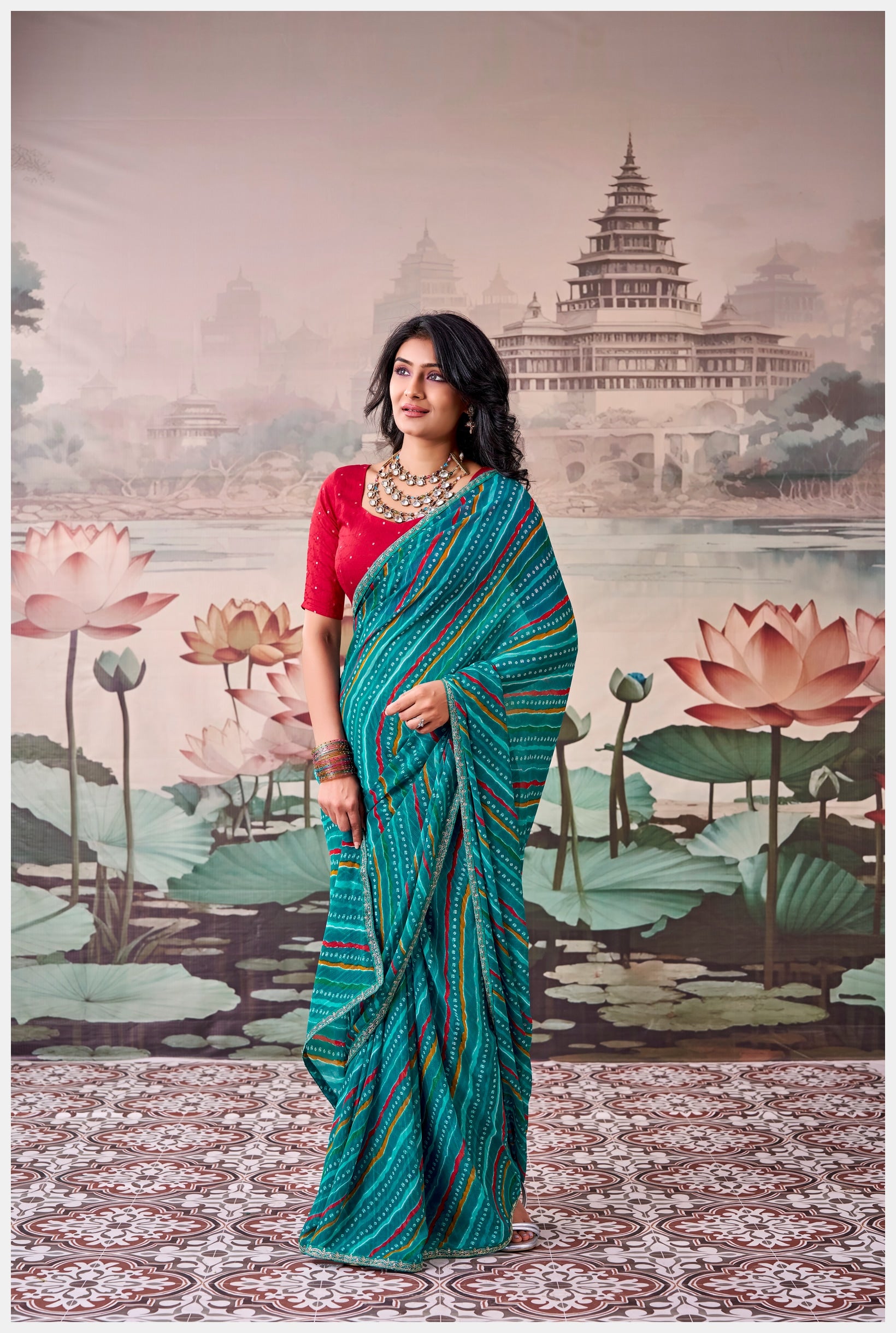 Peachmode Teal Raj Mahal Embroidered Saree - Image 3