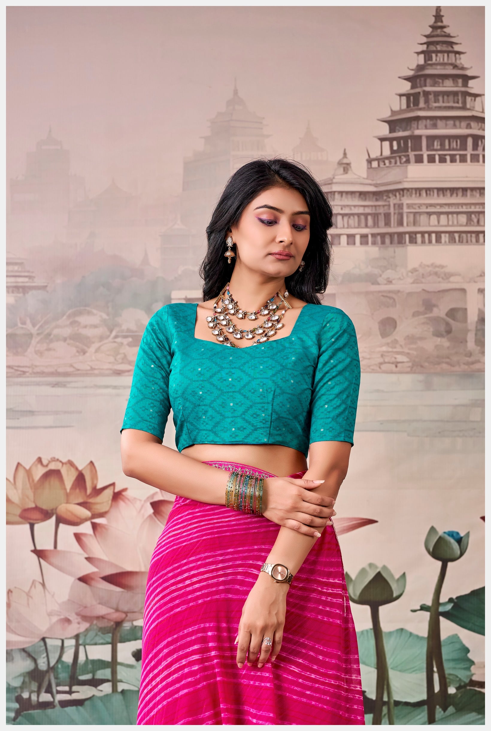 Peachmode Pink Raj Mahal Embroidered Saree - Image 1