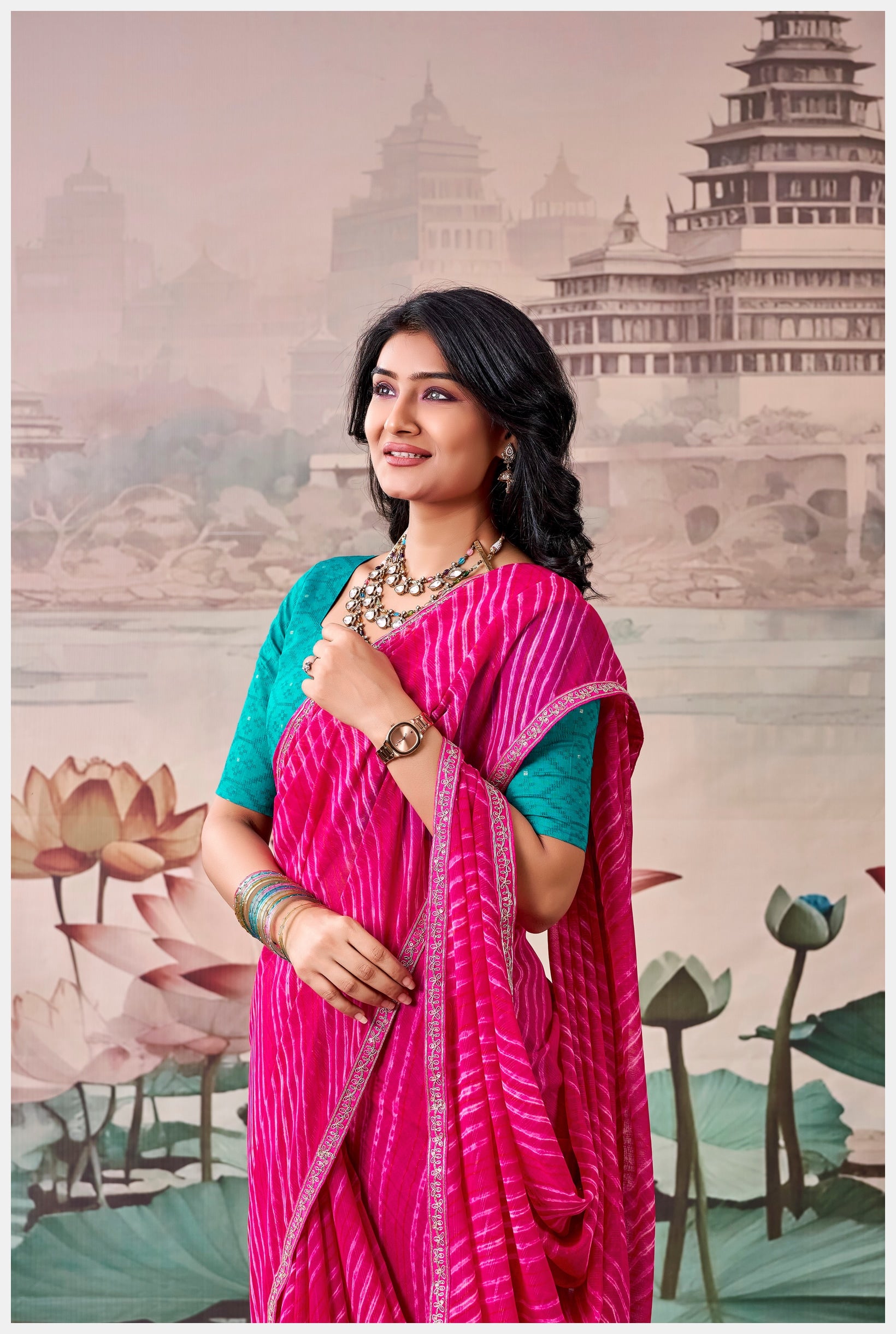 Peachmode Pink Raj Mahal Embroidered Saree - Image 4