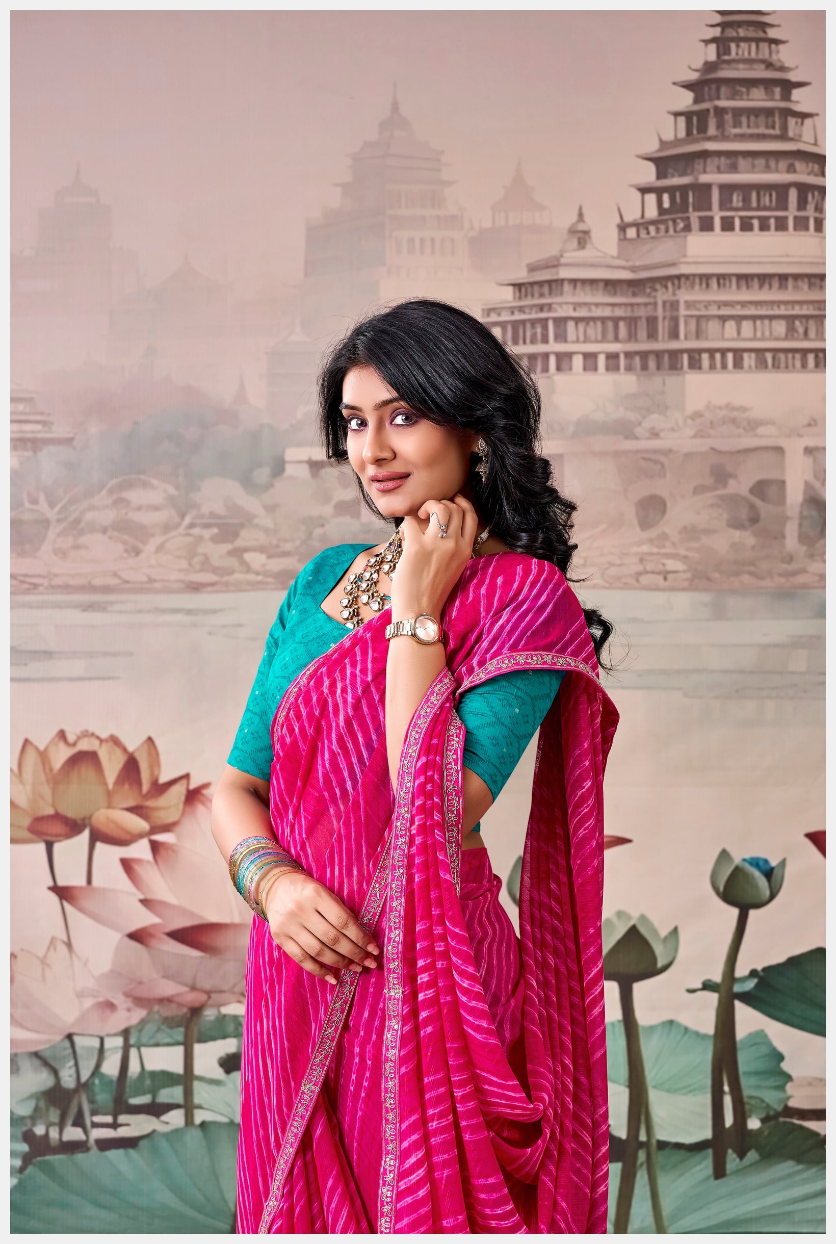 Peachmode Pink Raj Mahal Embroidered Saree - Image 5