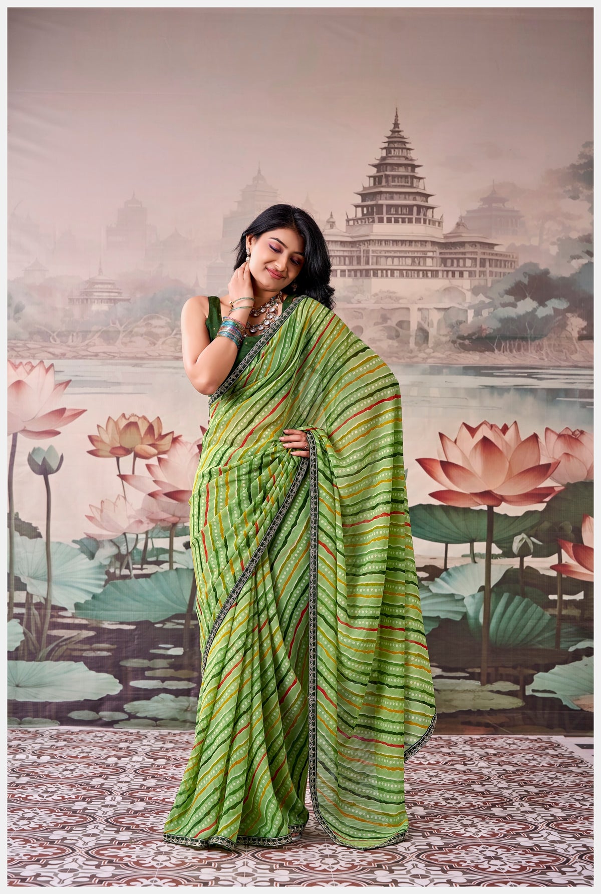Peachmode Green Raj Mahal Embroidered Saree - Image 3
