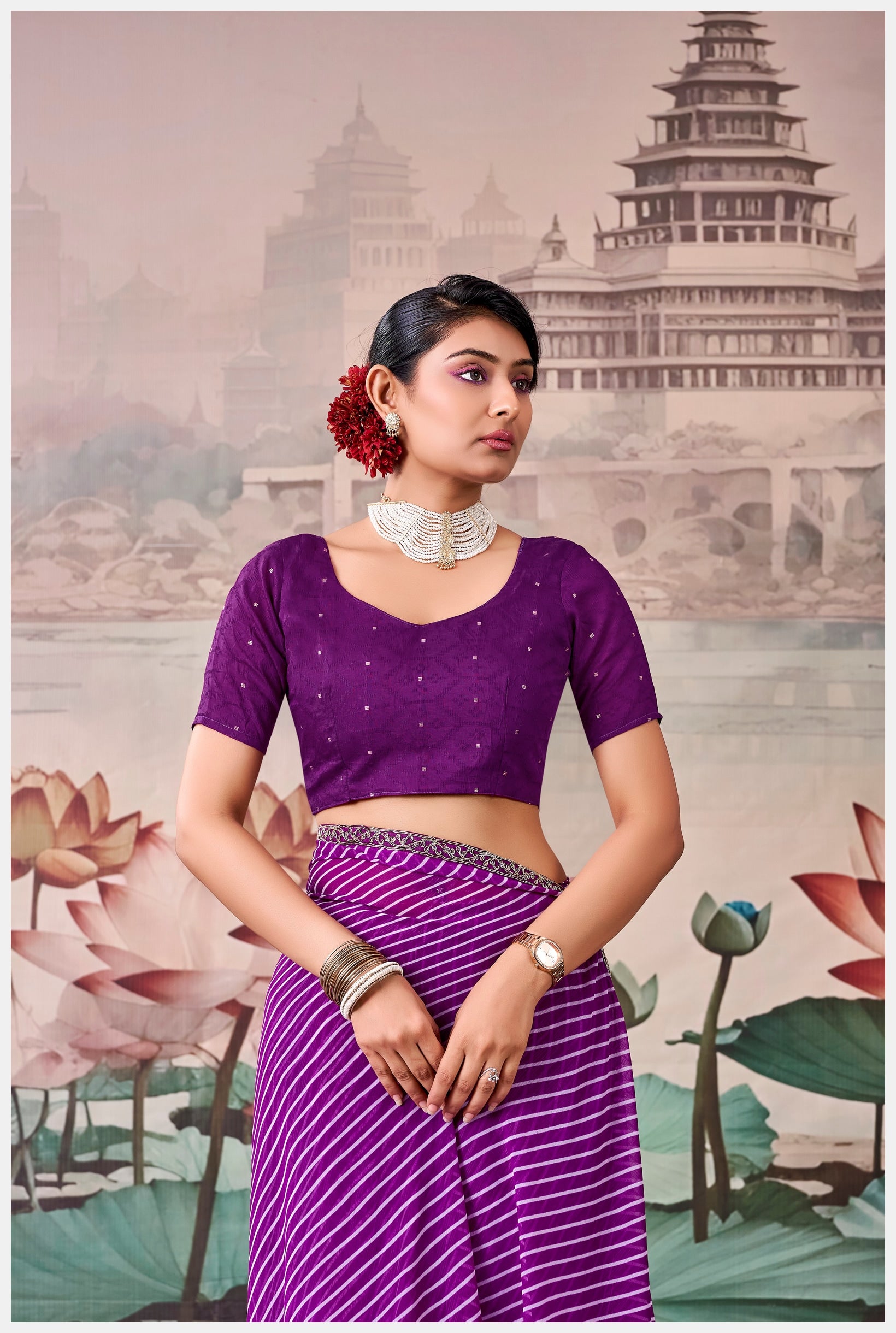 Peachmode Purple Raj Mahal Embroidered Saree - Image 2