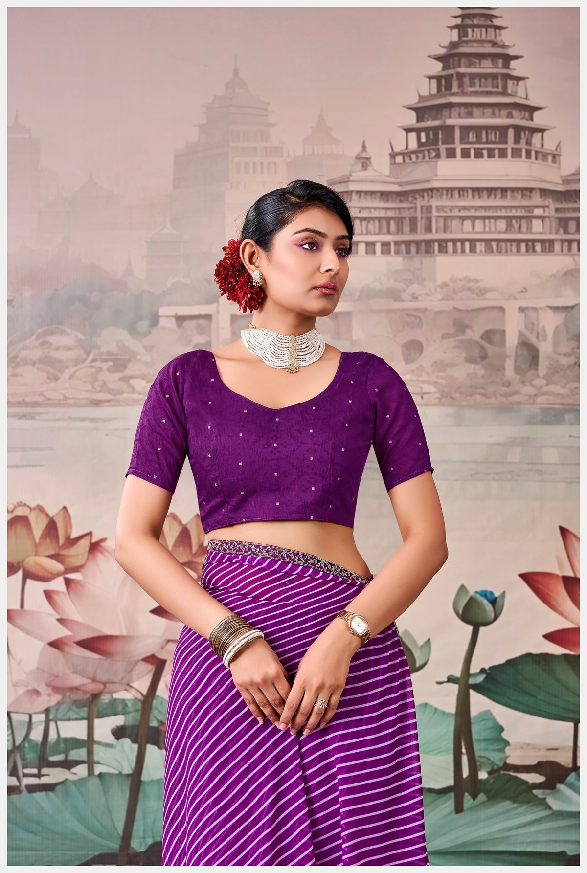 Peachmode Purple Raj Mahal Embroidered Saree - Image 2