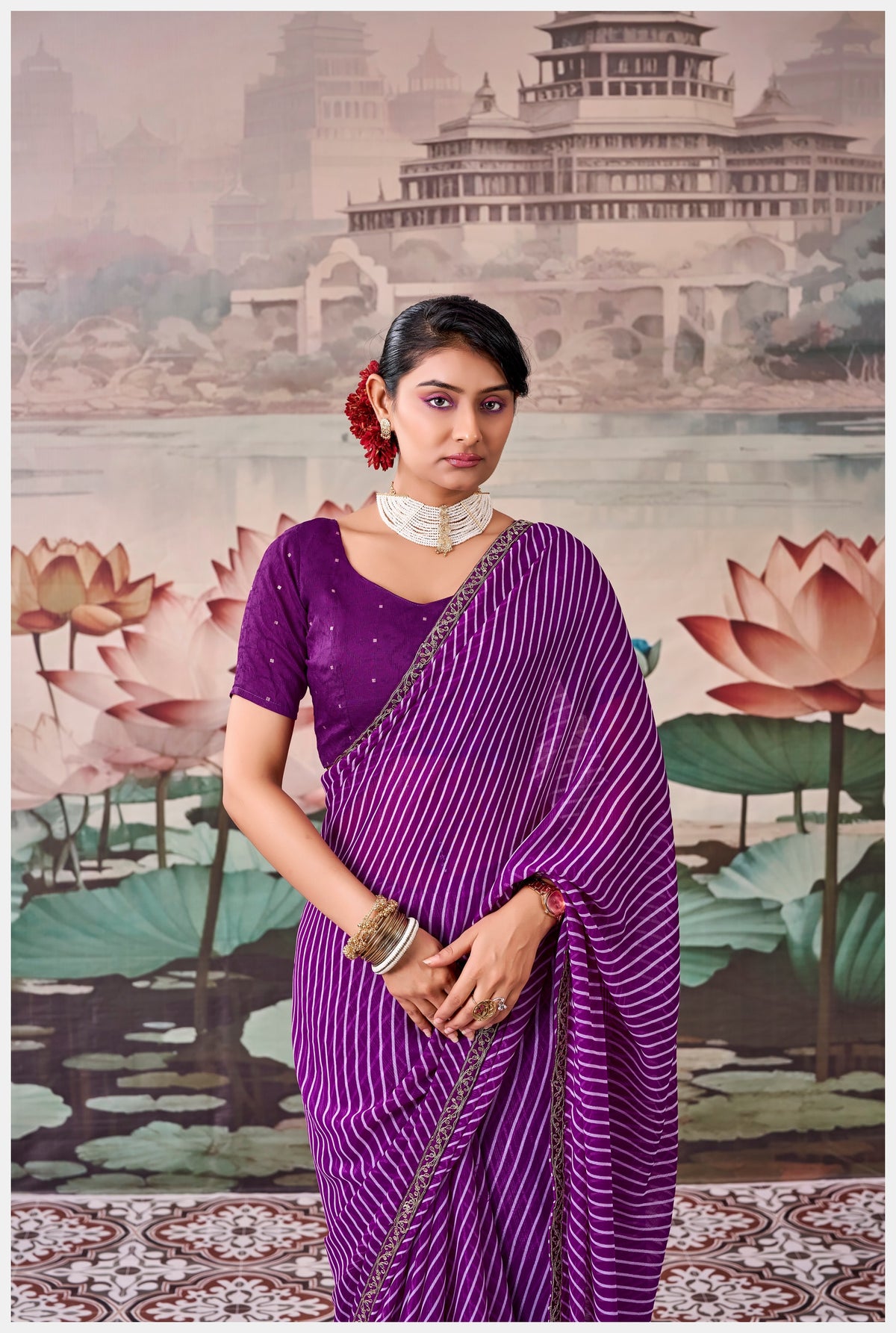 Peachmode Purple Raj Mahal Embroidered Saree - Image 5