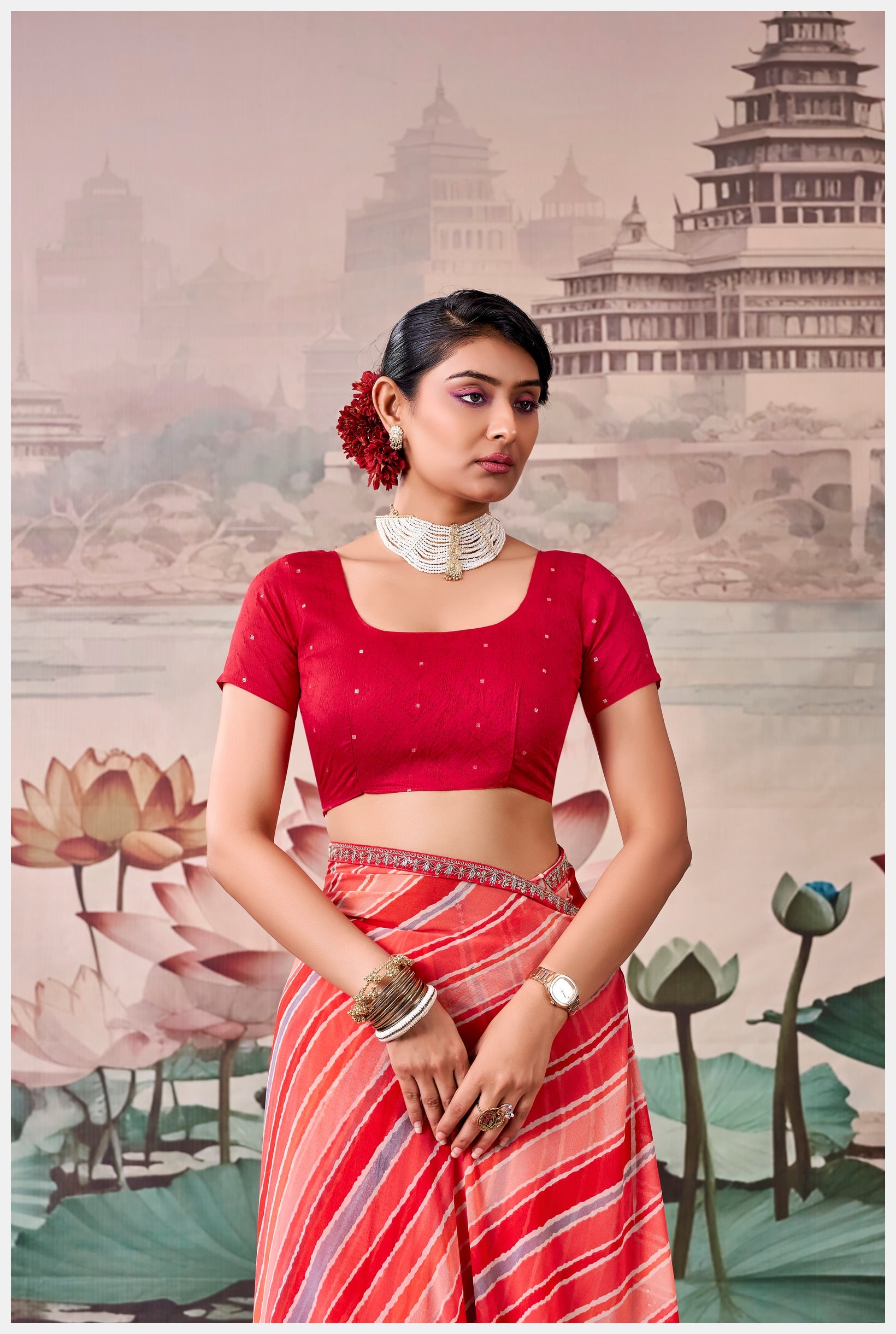 Peachmode Red Raj Mahal Embroidered Saree - Image 2