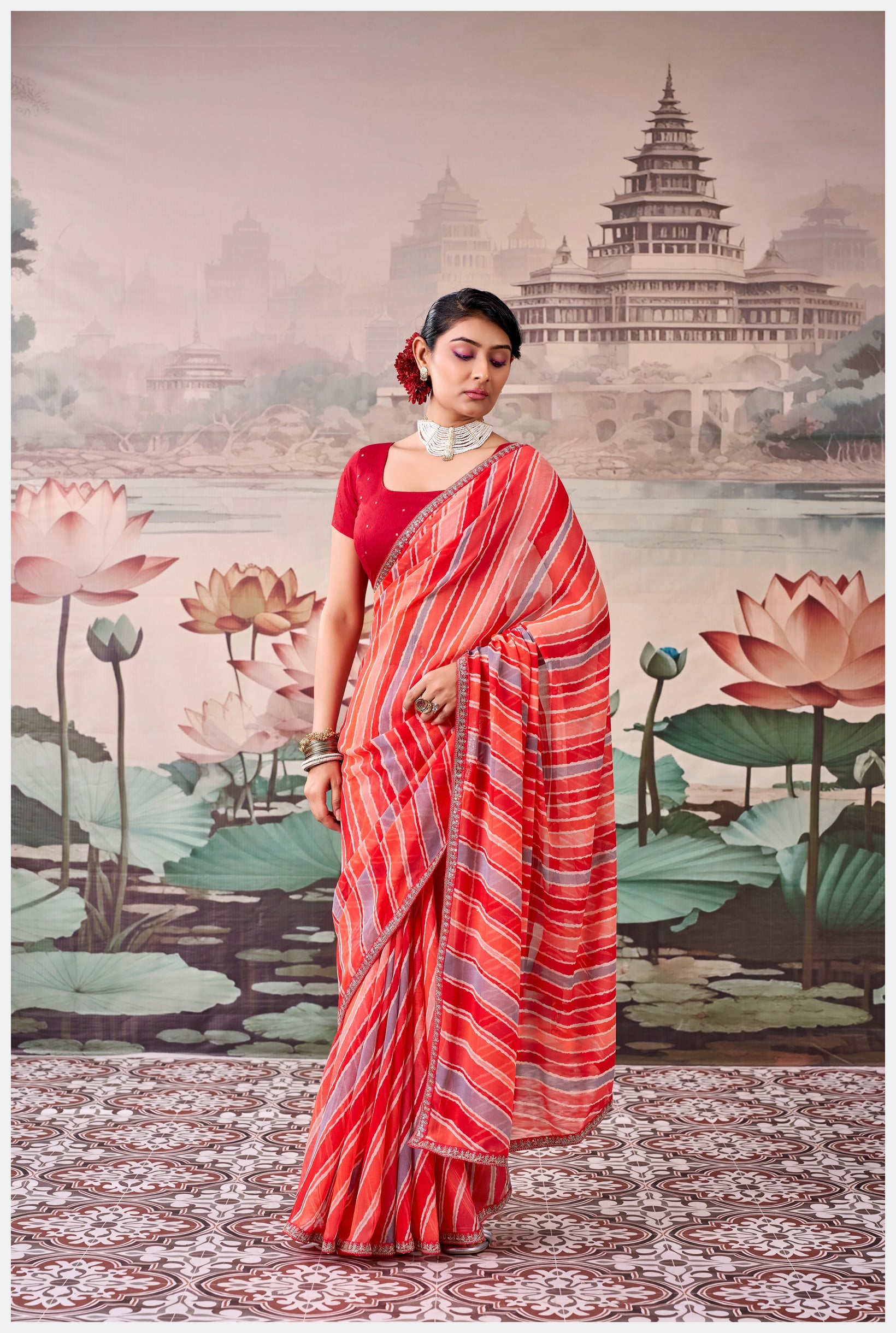Peachmode Red Raj Mahal Embroidered Saree - Image 3