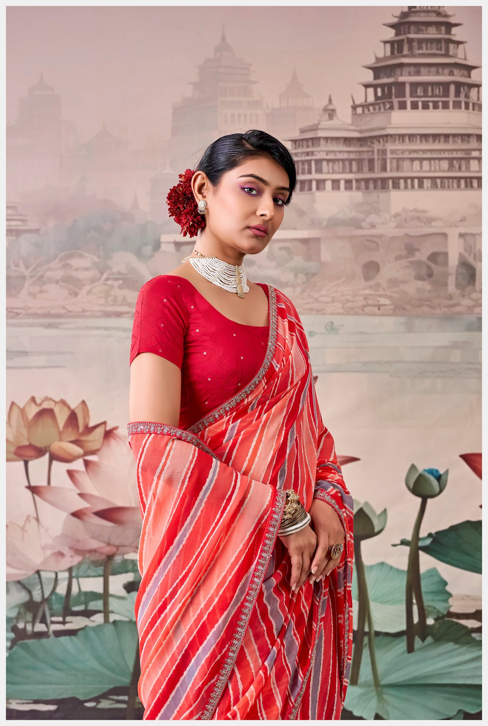 Peachmode Red Raj Mahal Embroidered Saree - Image 5