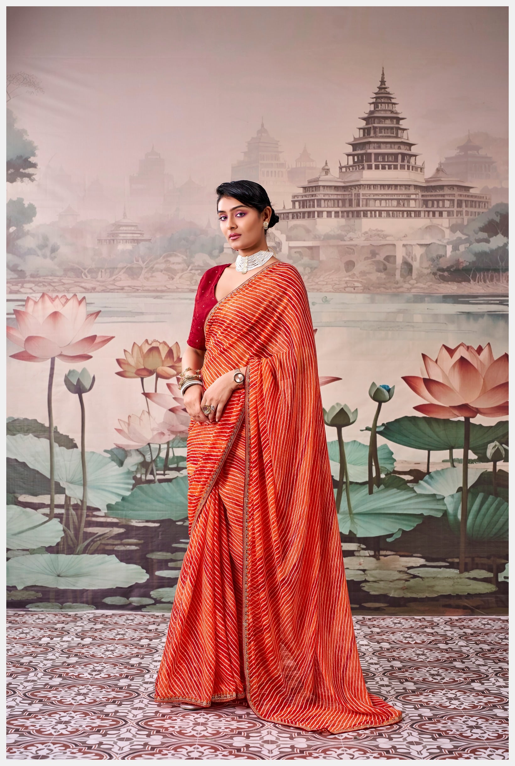 Peachmode Orange Raj Mahal Embroidered Saree - Image 3