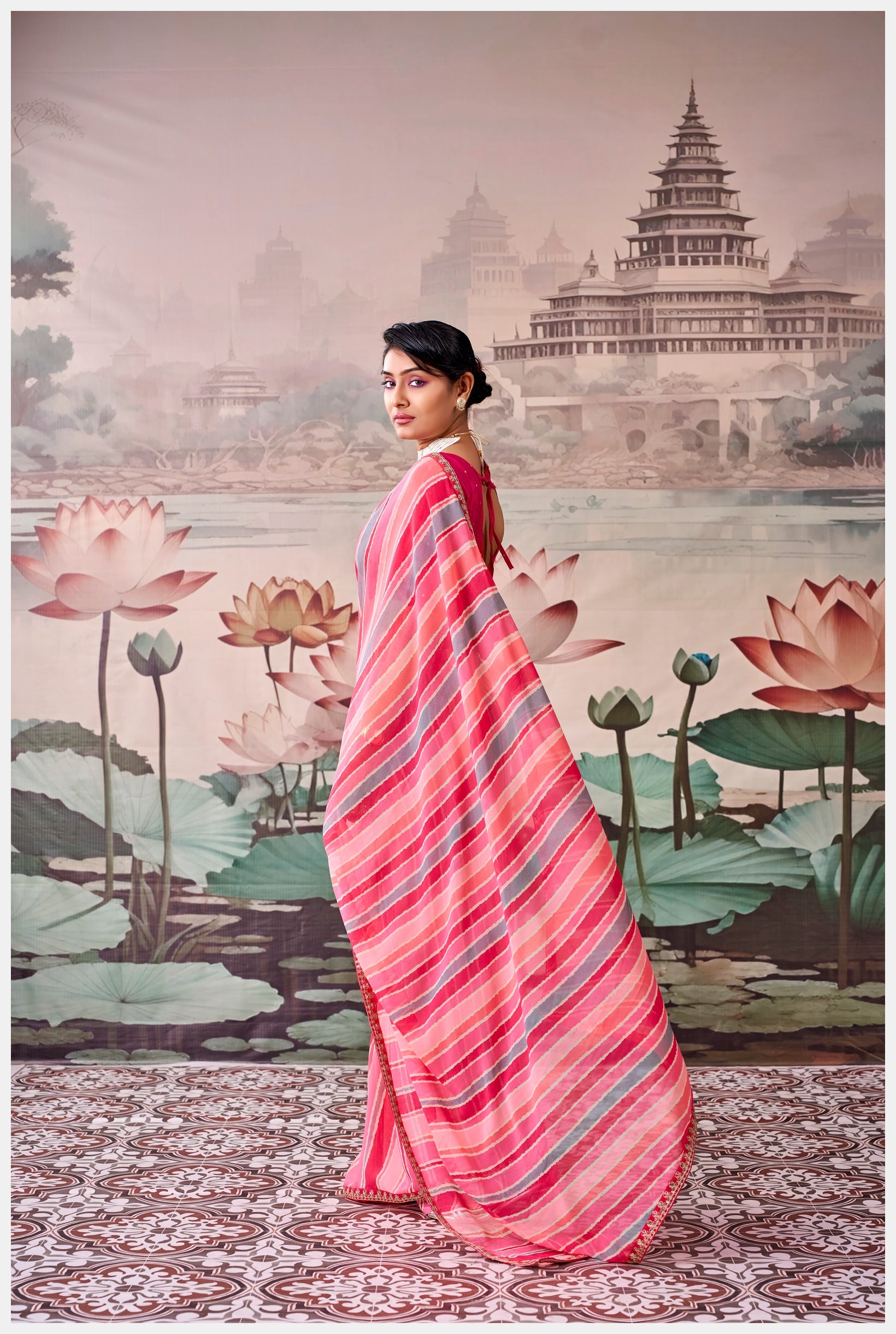 Peachmode Pink Raj Mahal Embroidered Saree - Image 2