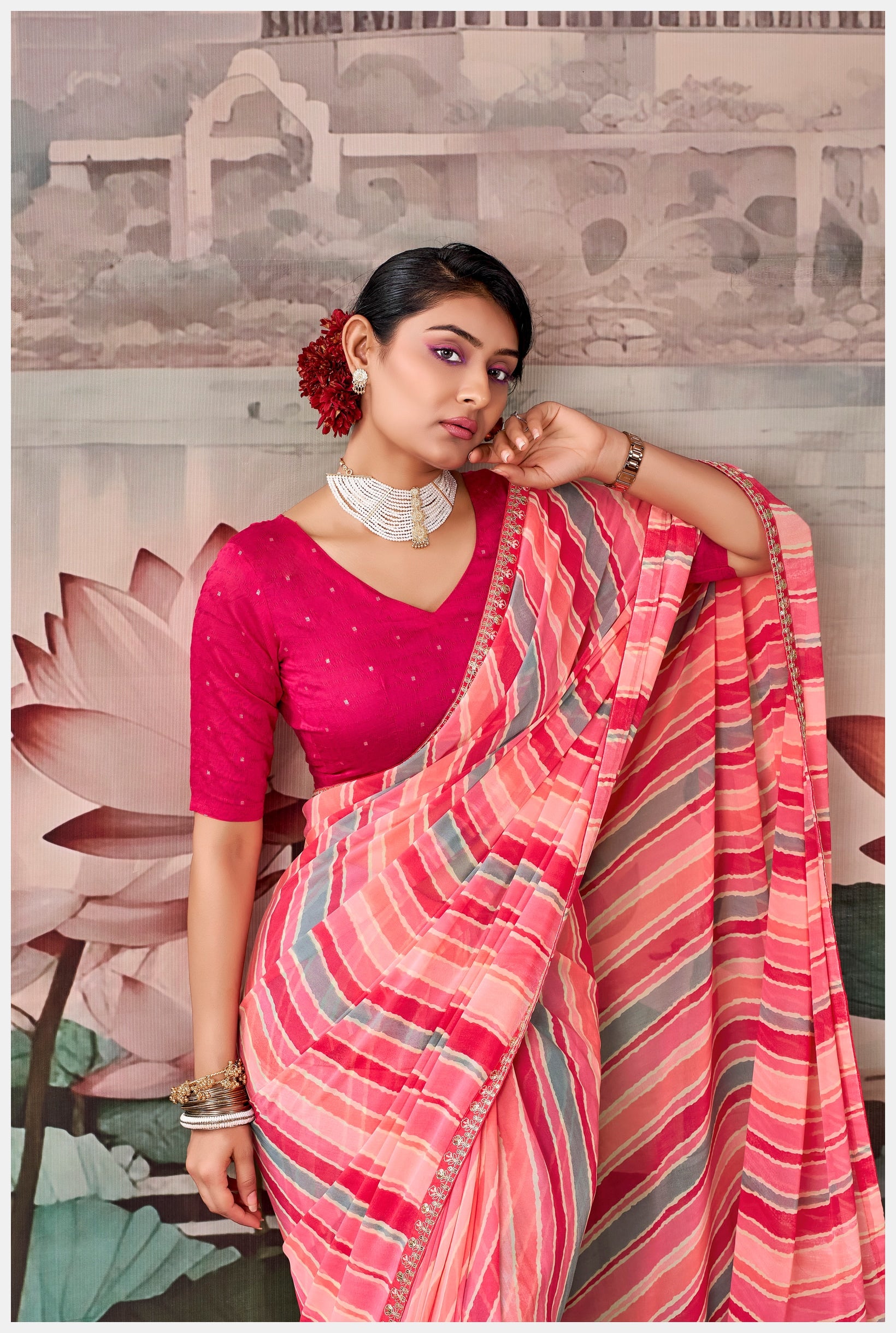 Peachmode Pink Raj Mahal Embroidered Saree - Image 5