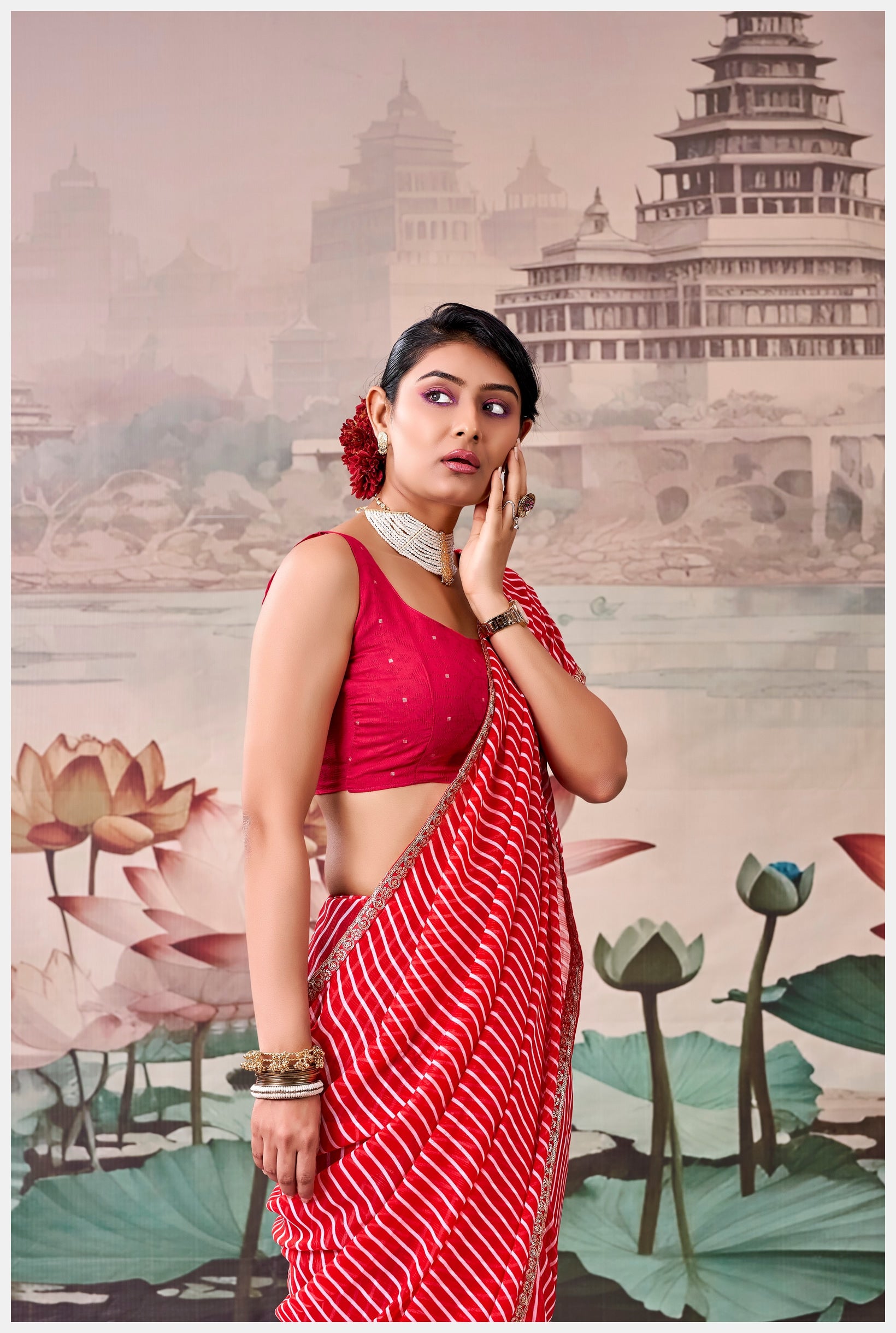 Peachmode Red Raj Mahal Embroidered Saree - Image 4