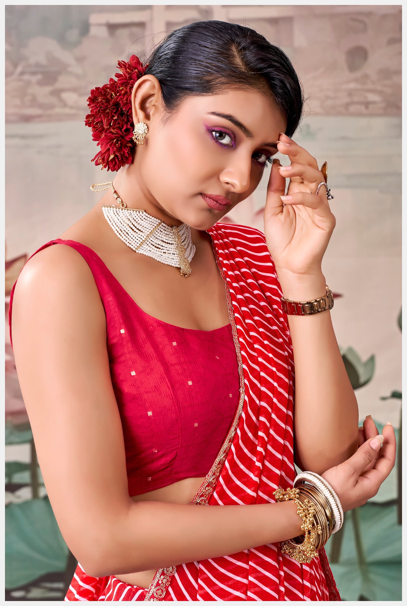 Peachmode Red Raj Mahal Embroidered Saree - Image 5