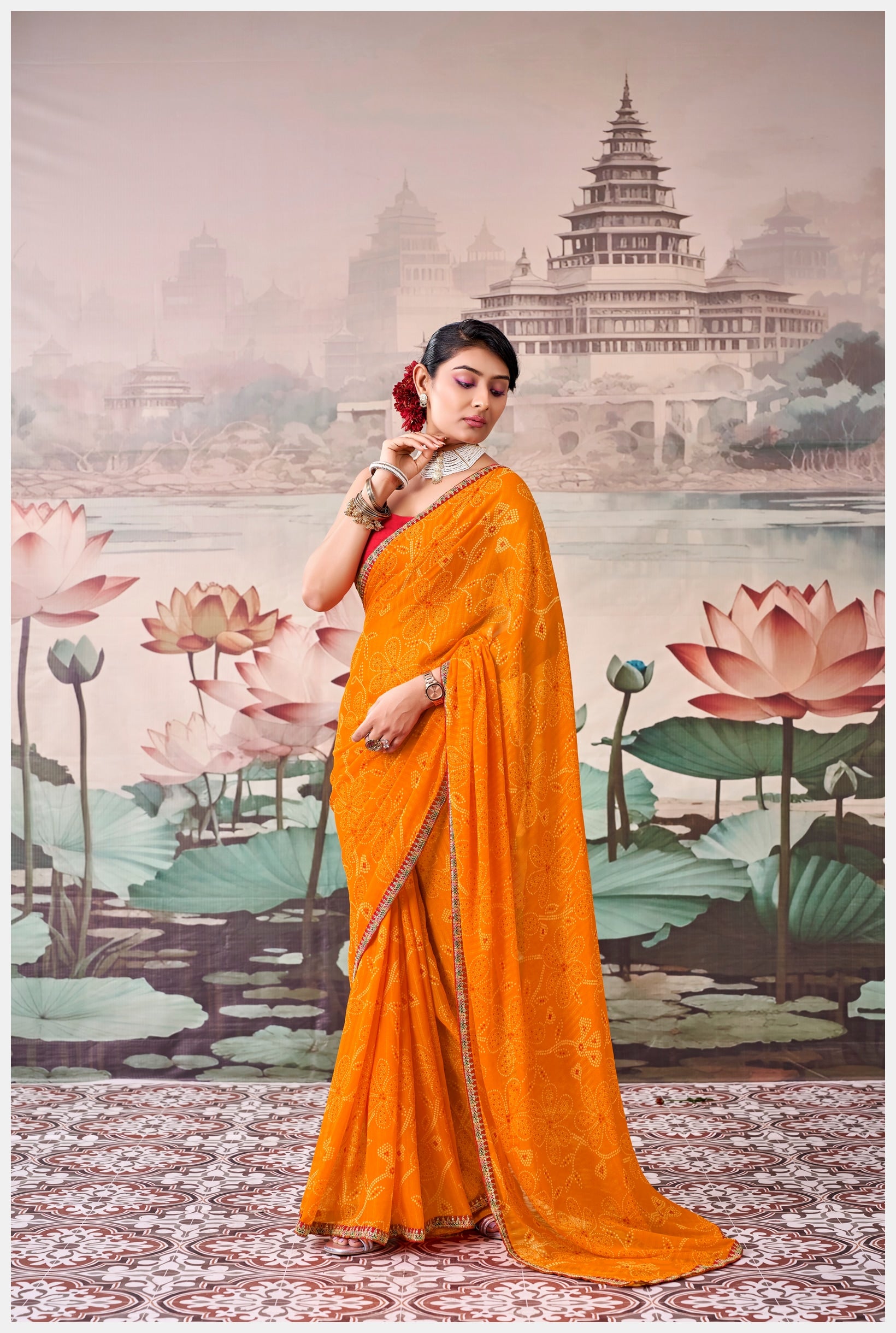 Peachmode Orange Raj Mahal Embroidered Saree - Image 3