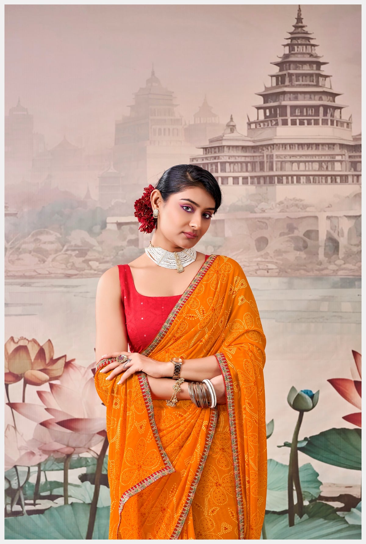 Peachmode Orange Raj Mahal Embroidered Saree - Image 5