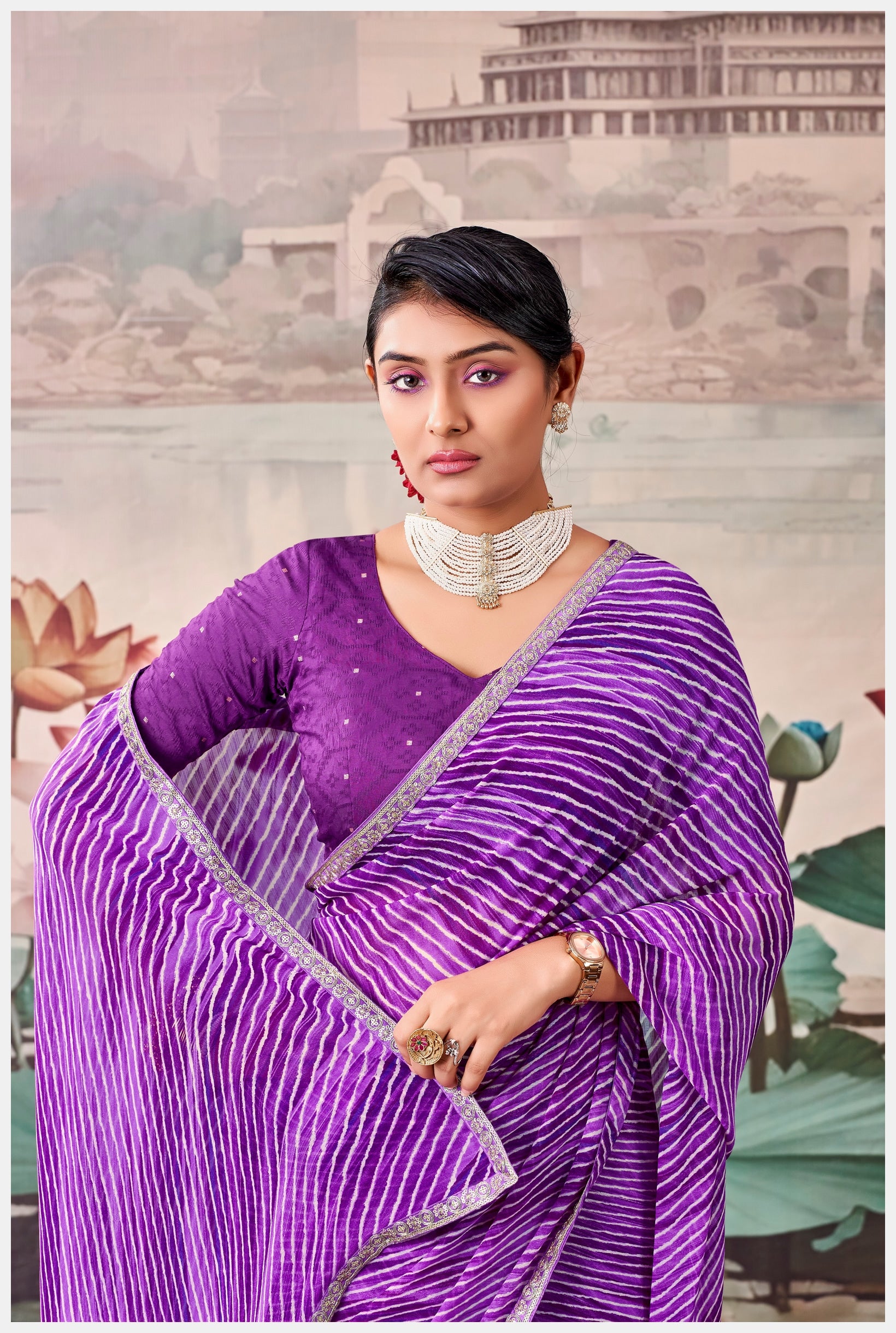 Peachmode Purple Raj Mahal Embroidered Saree - Image 4