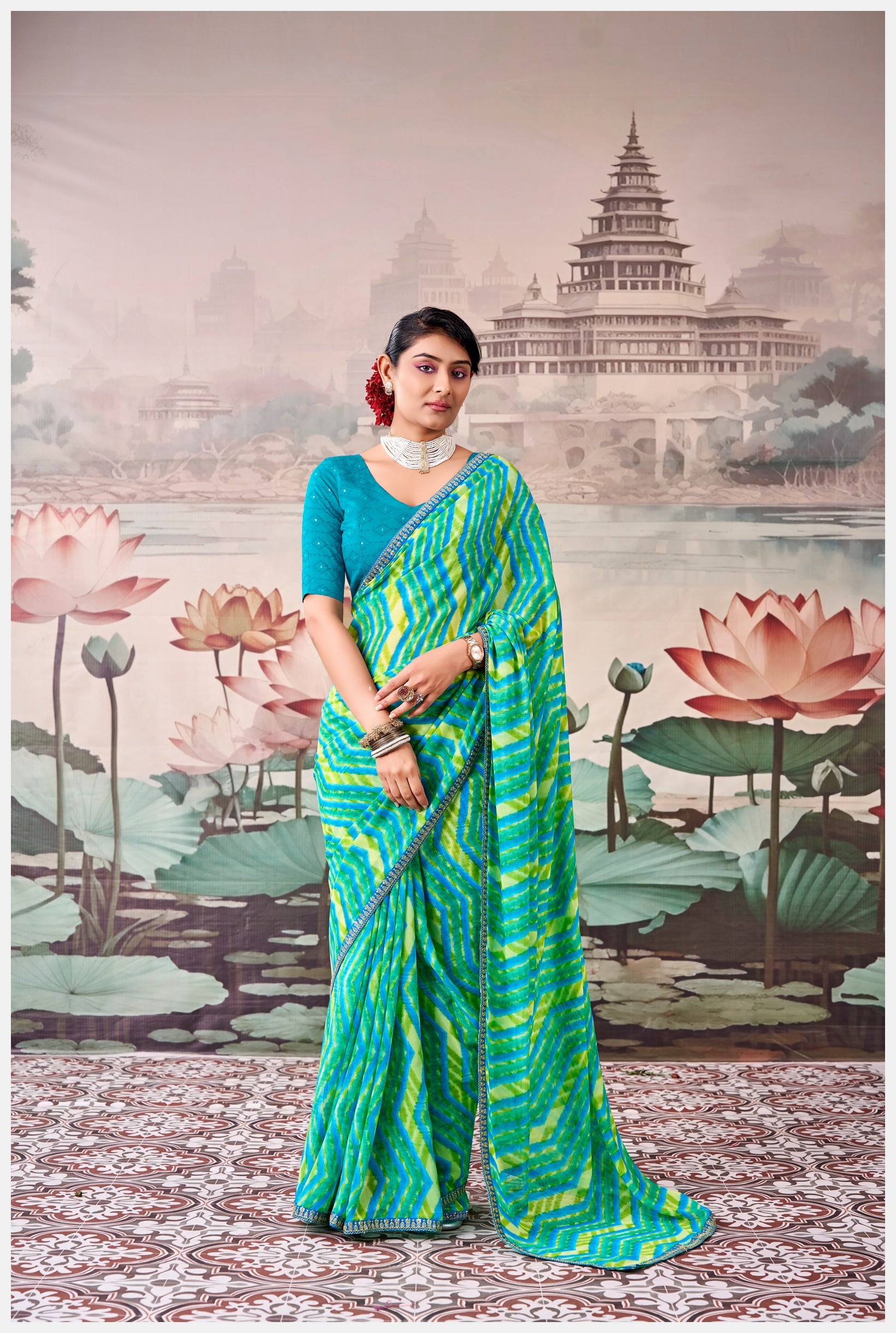 Peachmode Teal Raj Mahal Embroidered Saree - Image 2