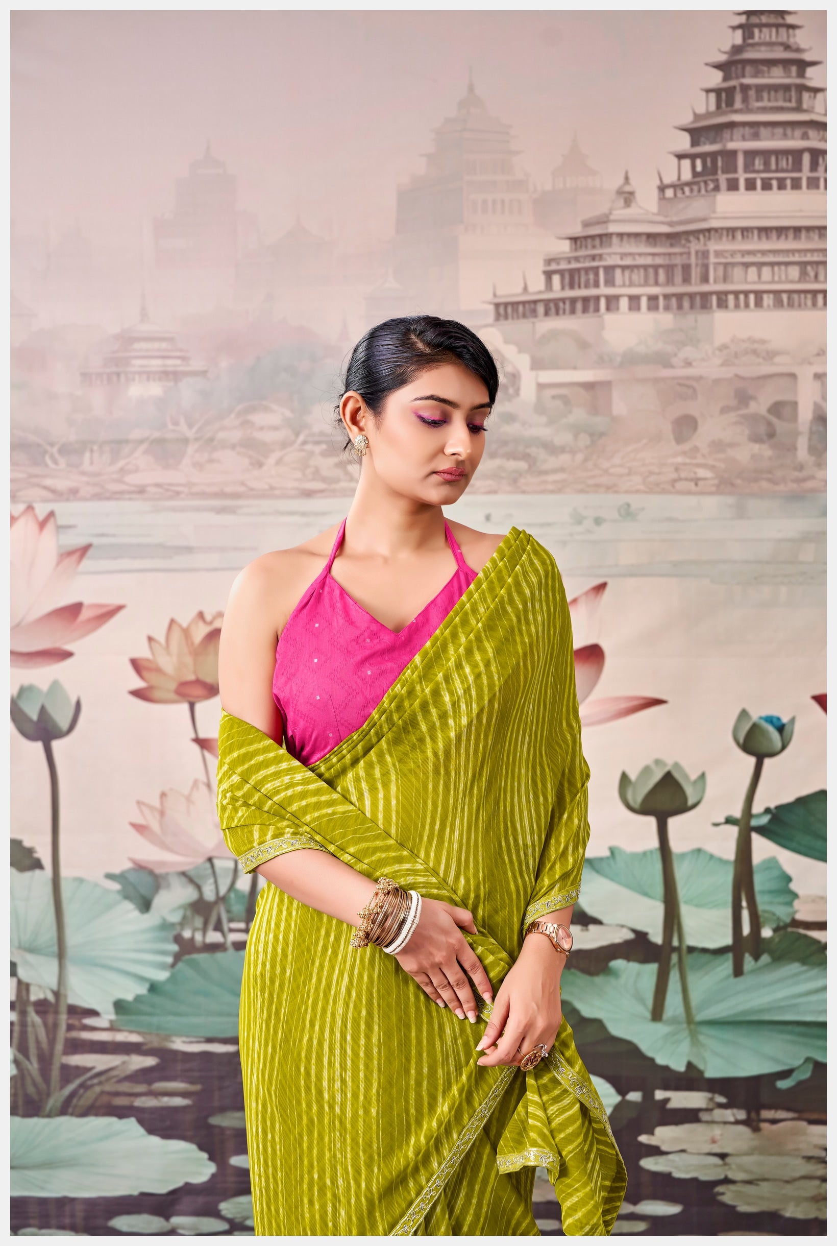 Peachmode Olive Raj Mahal Embroidered Saree - Image 4
