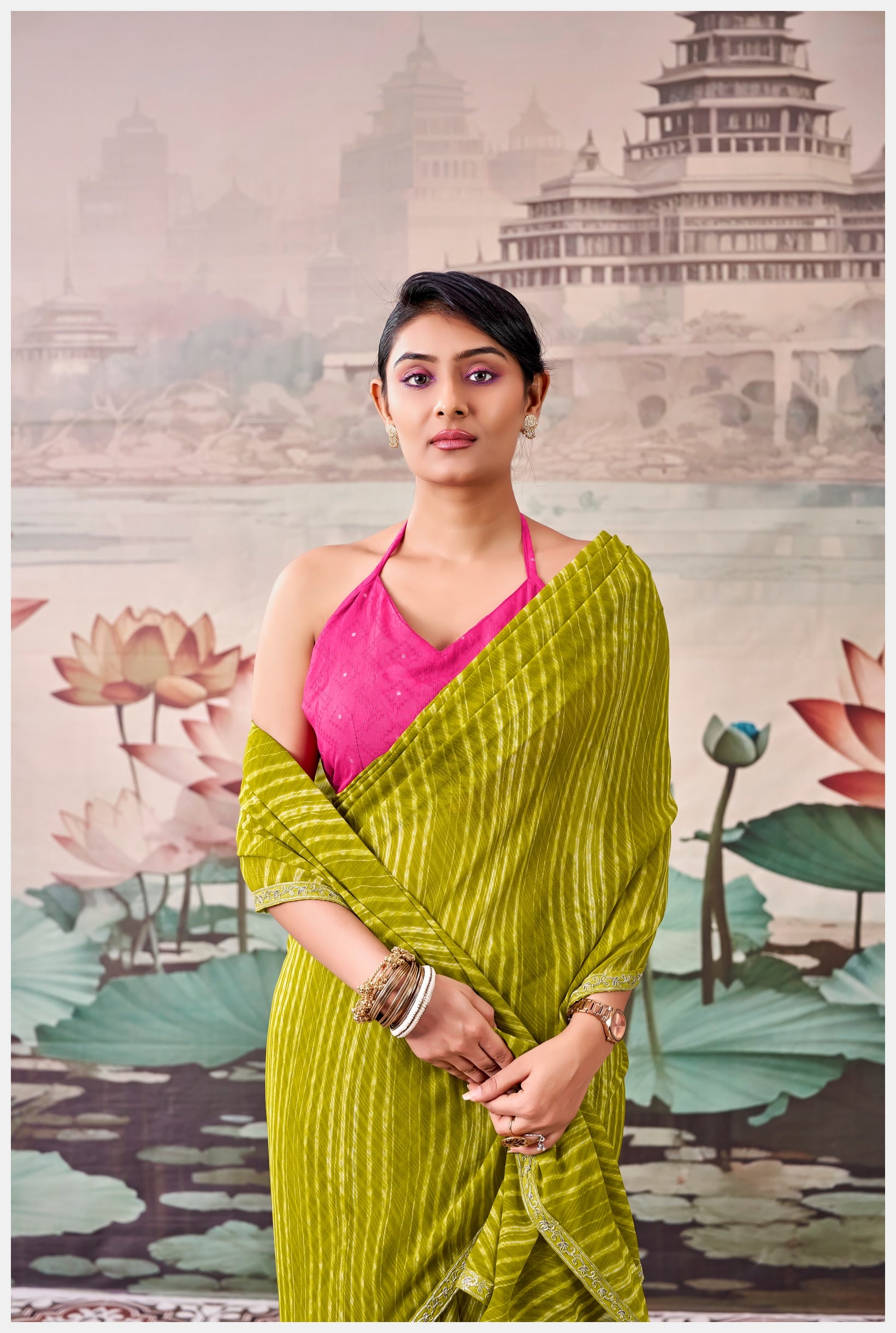 Peachmode Olive Raj Mahal Embroidered Saree - Image 5