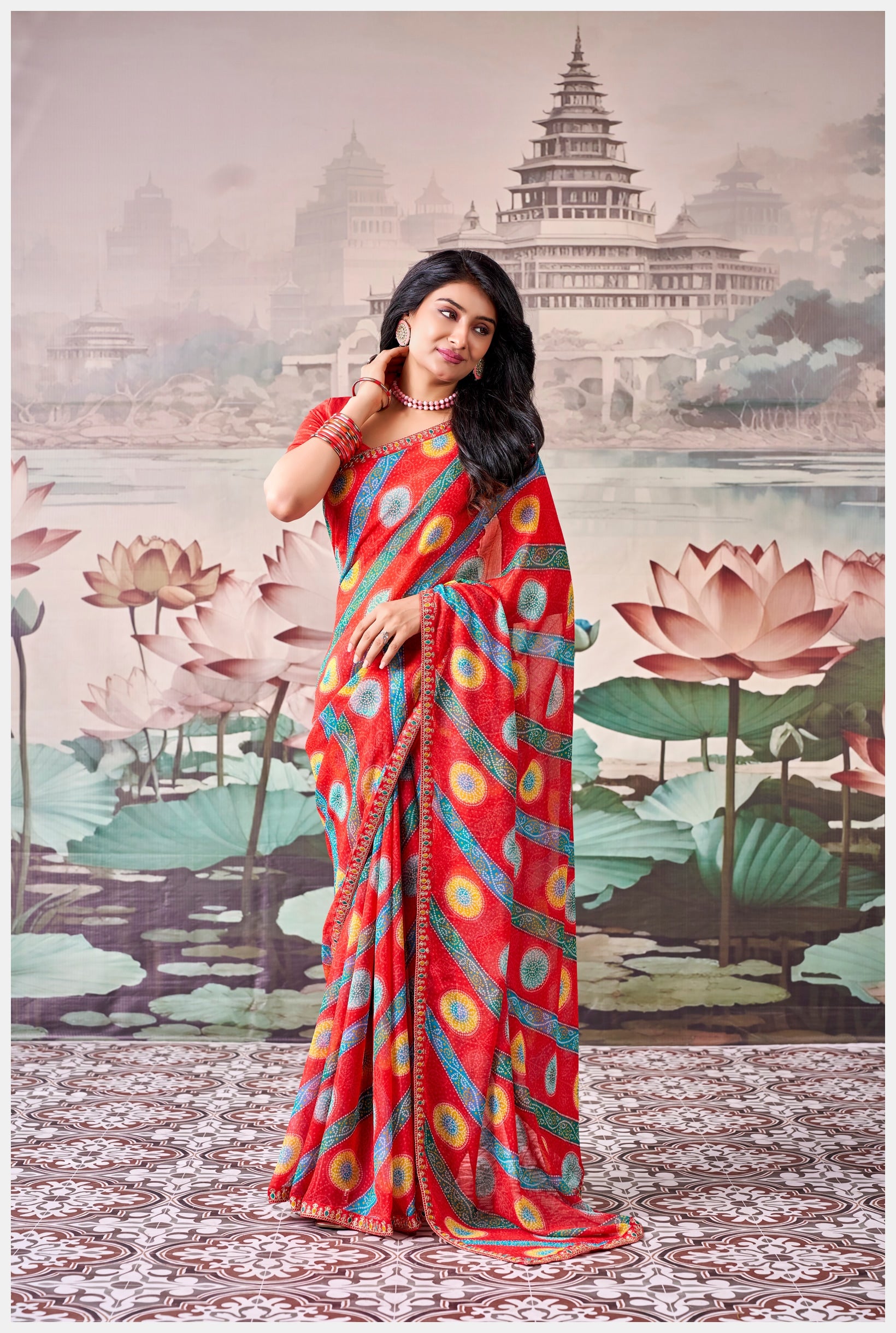 Peachmode Red Raj Mahal Embroidered Saree - Image 2