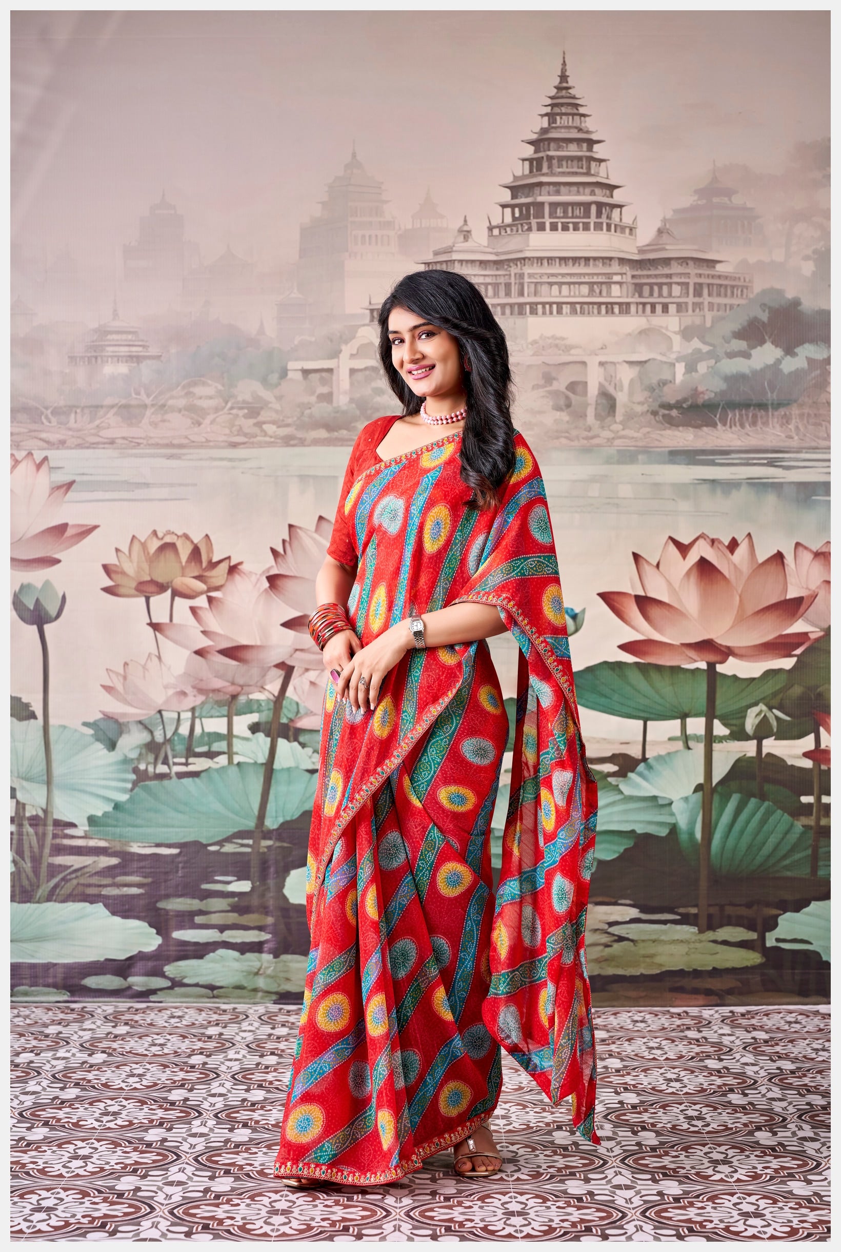 Peachmode Red Raj Mahal Embroidered Saree - Image 3