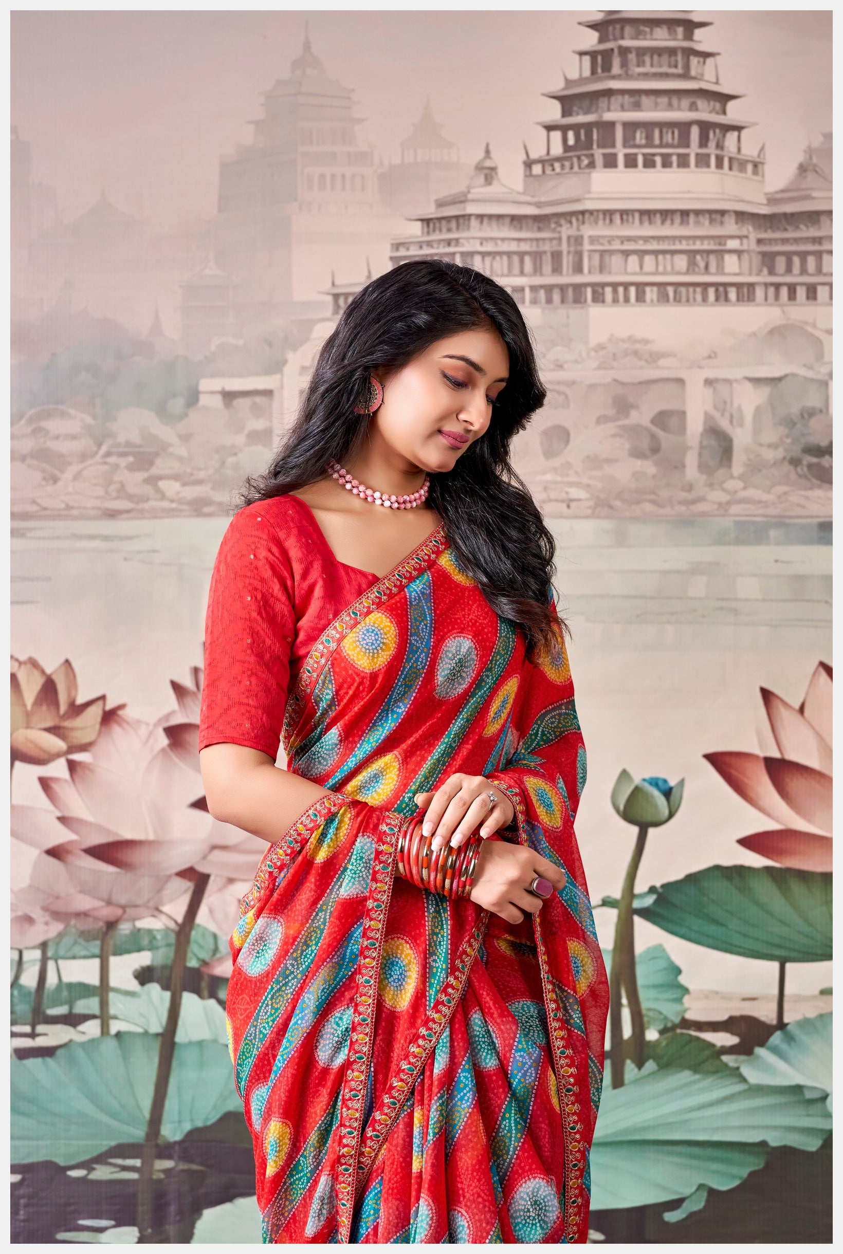 Peachmode Red Raj Mahal Embroidered Saree - Image 5