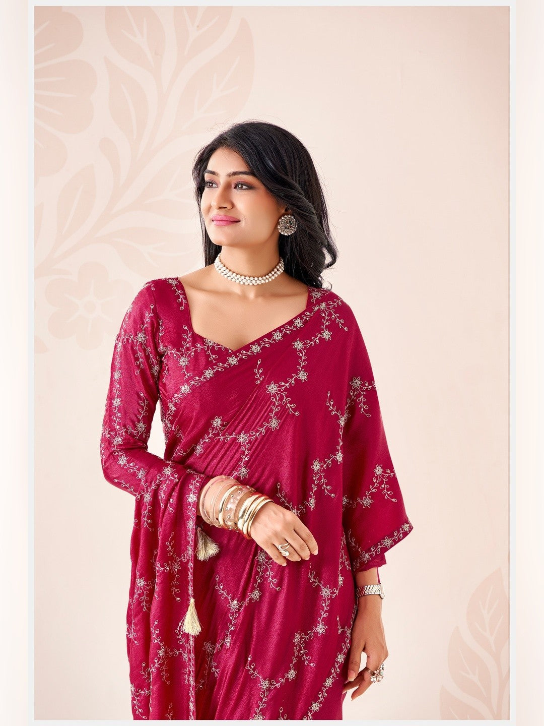 Peachmode Pink Pratima Embroidered Saree - Image 5
