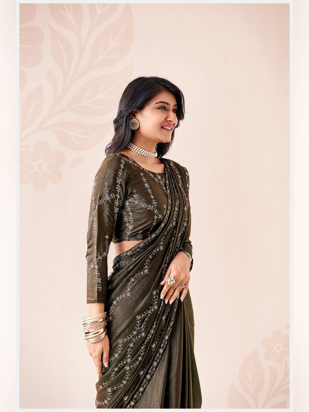Peachmode Olive Pratima Embroidered Saree - Image 5