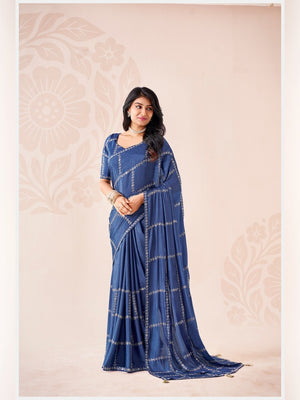 Peachmode Blue Pratima Embroidered Saree - Image 1