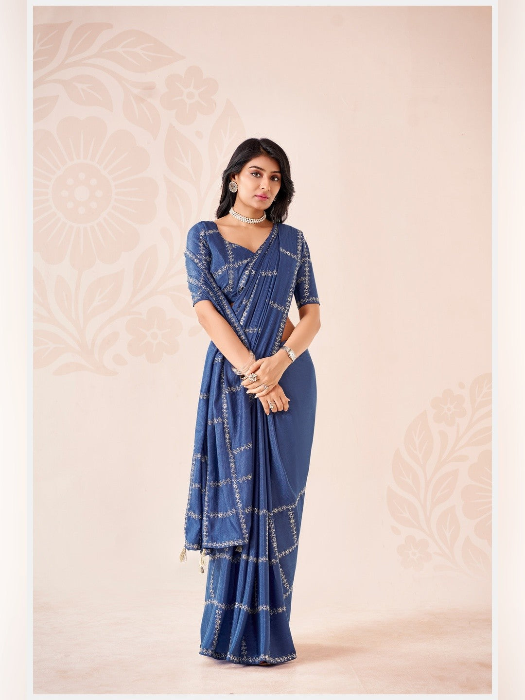 Peachmode Blue Pratima Embroidered Saree - Image 3