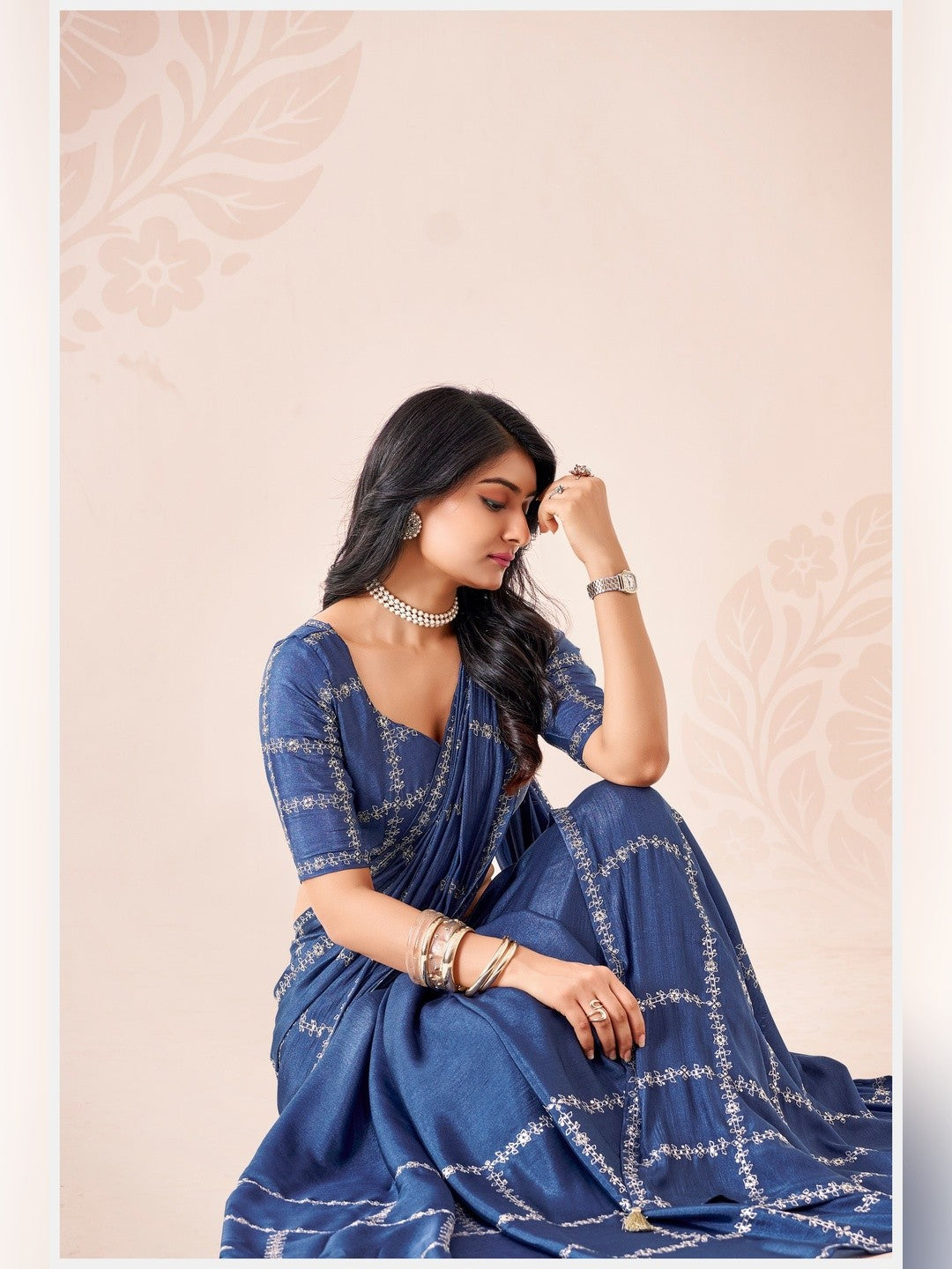Peachmode Blue Pratima Embroidered Saree - Image 4